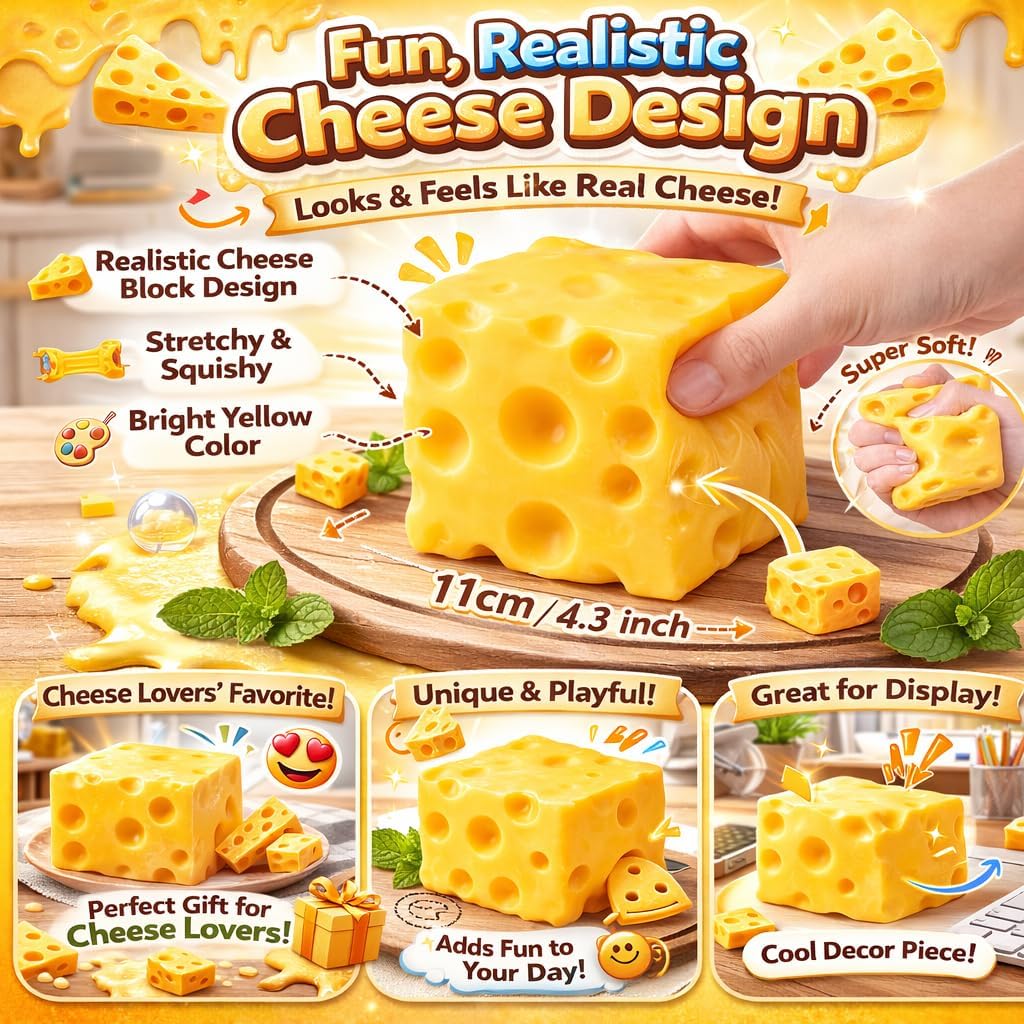 Big Squishy Cheese – 4.3In Giant Cheese Squishy Toy for Stress Relief, Extra Large Cheese Block, Squeeze Cheese Squishy, Soft Cheeses Cube, Fun Gift for All Ages