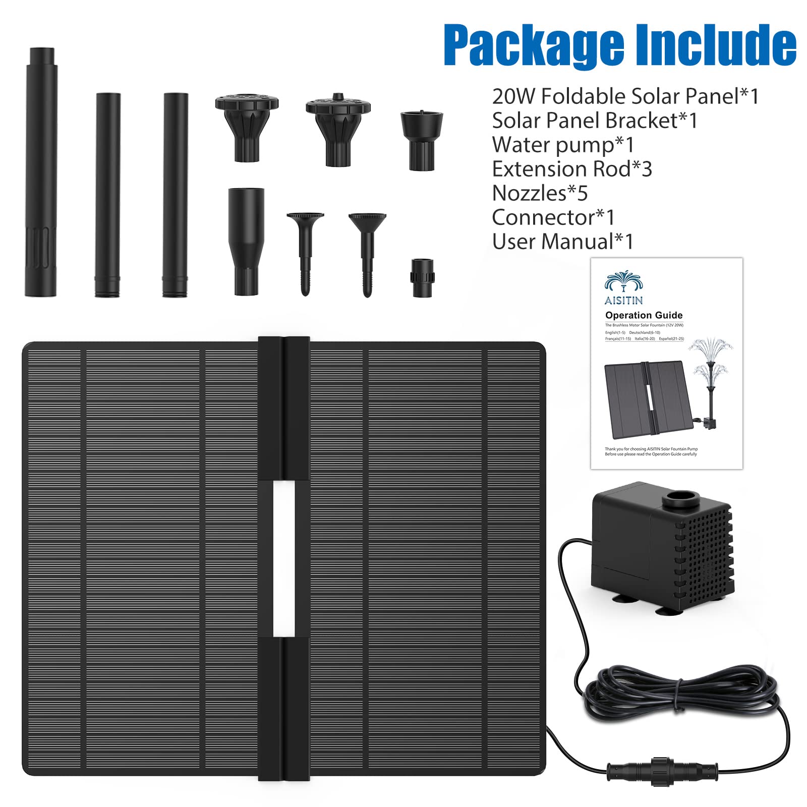 AISITIN Fuente Solar Jardin Exterior 20W de Bricolaje Última Actualización Bomba de Agua Solar Plegable Jardín Estanque, Fuente de Agua de Bricolaje(20W)