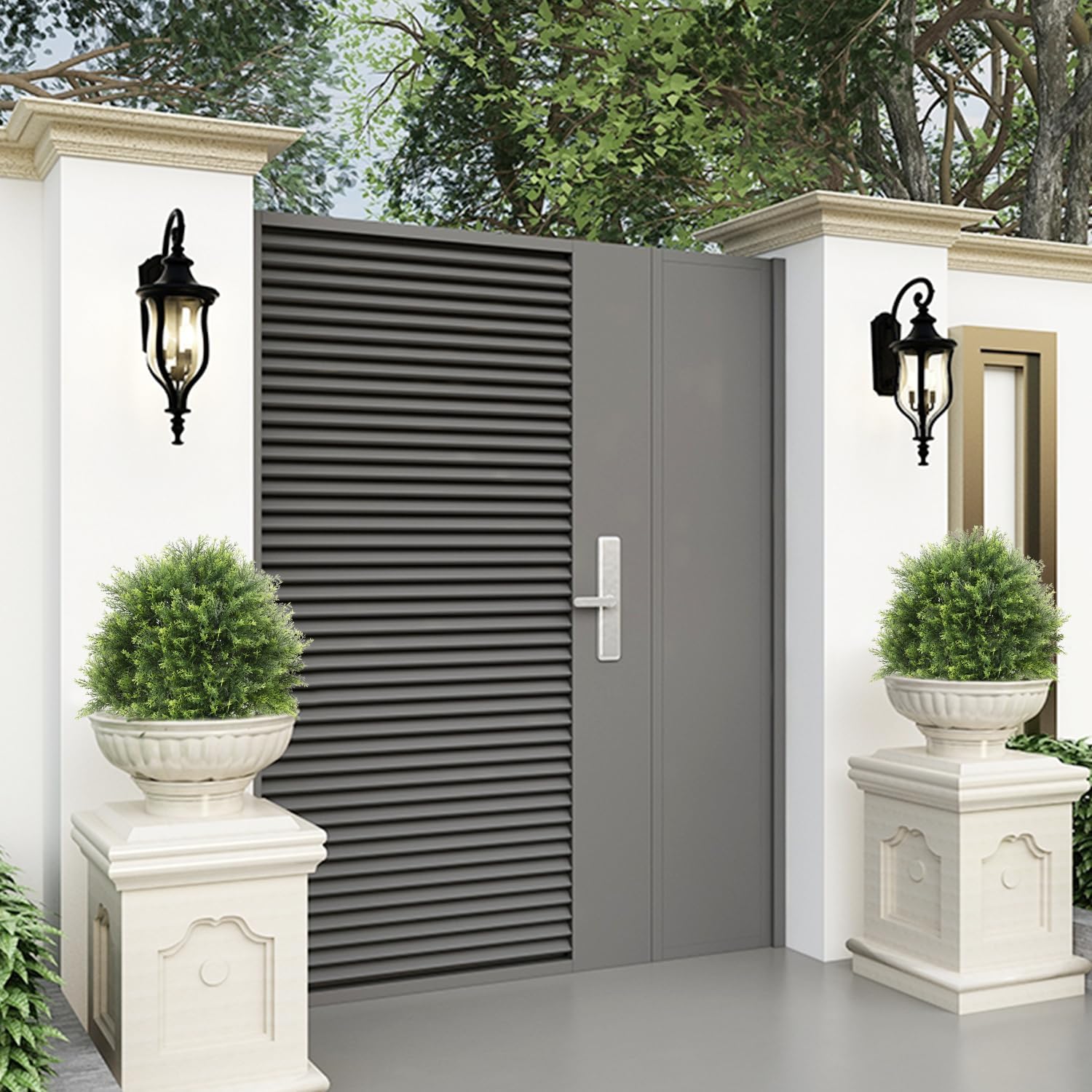 24" Topiary Trees Artificial Outdoor Set of 2, UV Resistant Cedar Fake Potted Plants, 2ft Tall Faux Bushes and Shrubs for Front Porch Patio Planter Outside Decor - Image 8