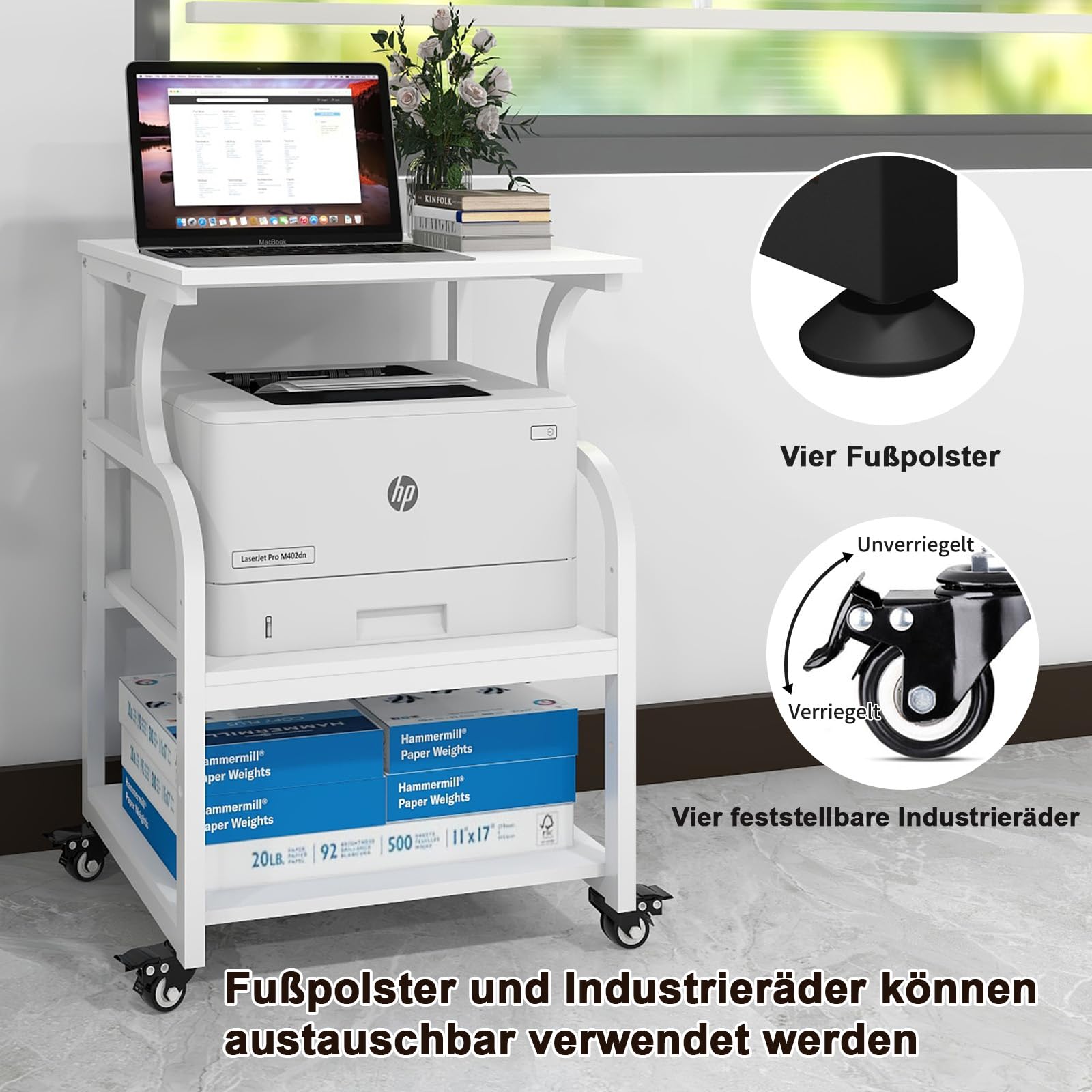 PUNCIA 3-Ebenen Druckertisch höhenverstellbar 60 x 50 cm Druckerständer | Mobiler Druckerhalter mit Rollen Druckwagen aus Holz & Metall für Großen Drucker für Arbeitszimmer Büro Office Weiß