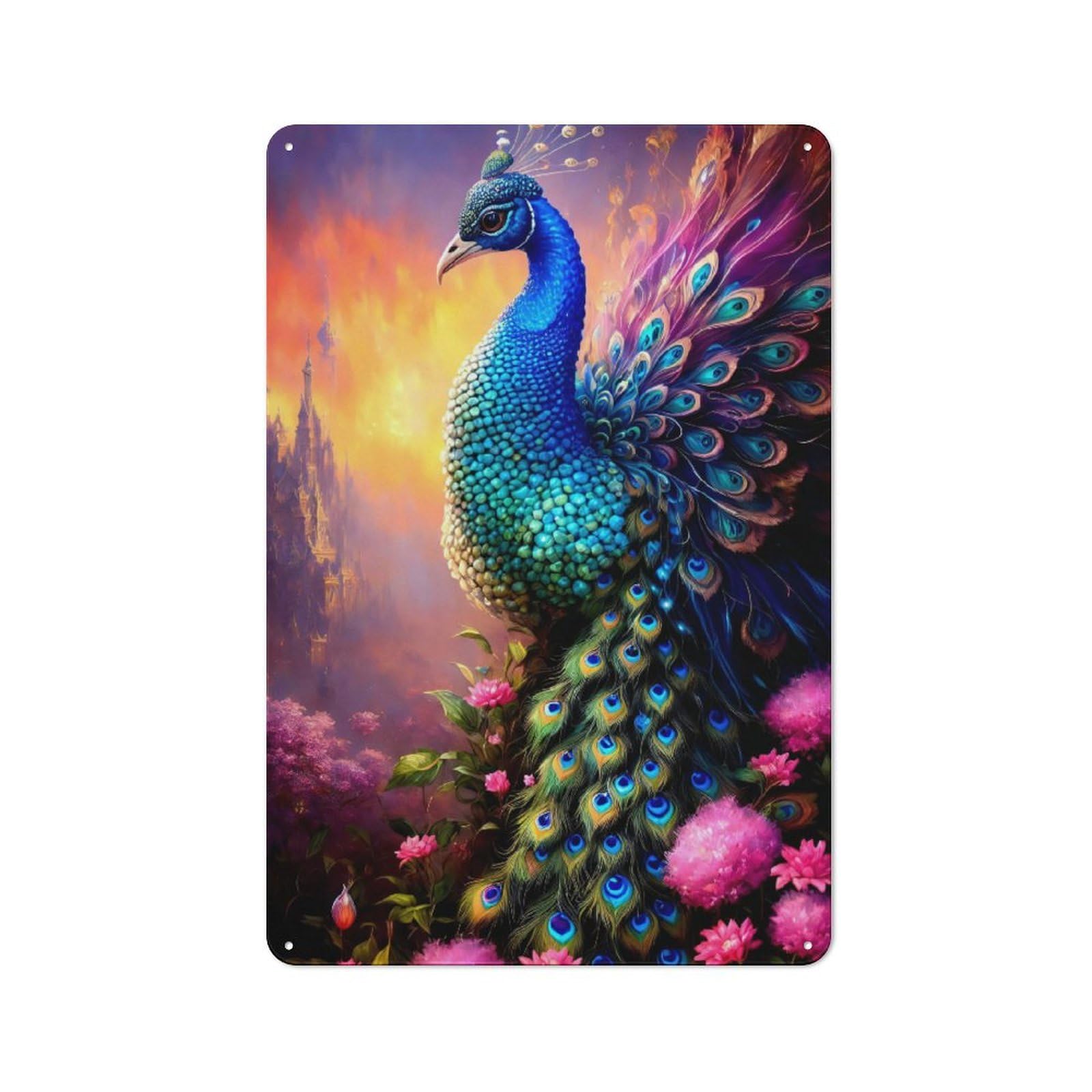 Junmoney Style-8 Colorful Peacock Fantasy Art Rustic Tin Wall Plaque 30X20cm For Studio Or Craft Room, For Garage, Workshop And Man Cave Decoration