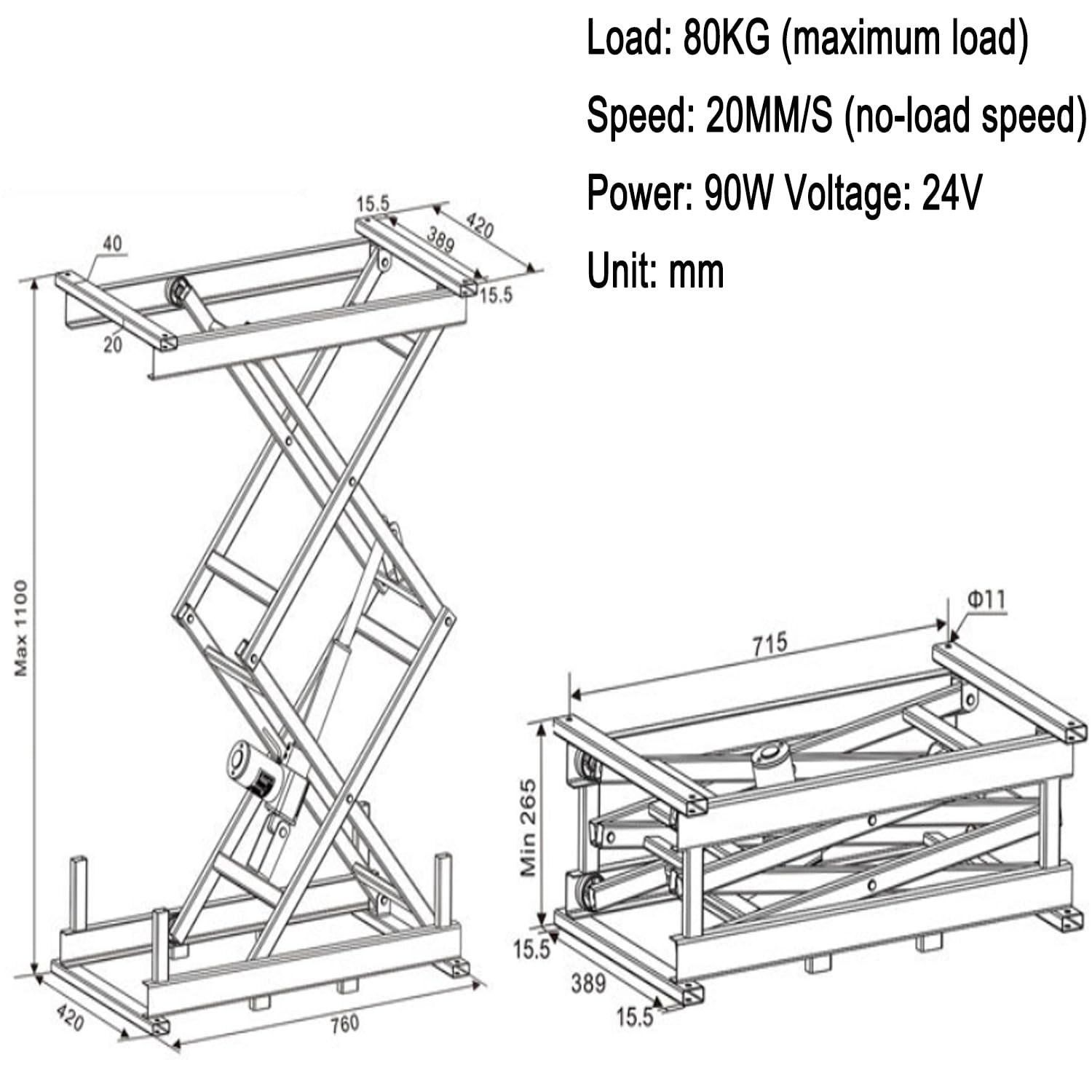 Plataforma elevadora de tijera hidráulica, mesa elevadora de tijera eléctrica, carga de 80 kg, plataforma elevadora plegable ajustable en altura de 265-1100 mm, grado de impermeabilidad: IP43, 2 mét