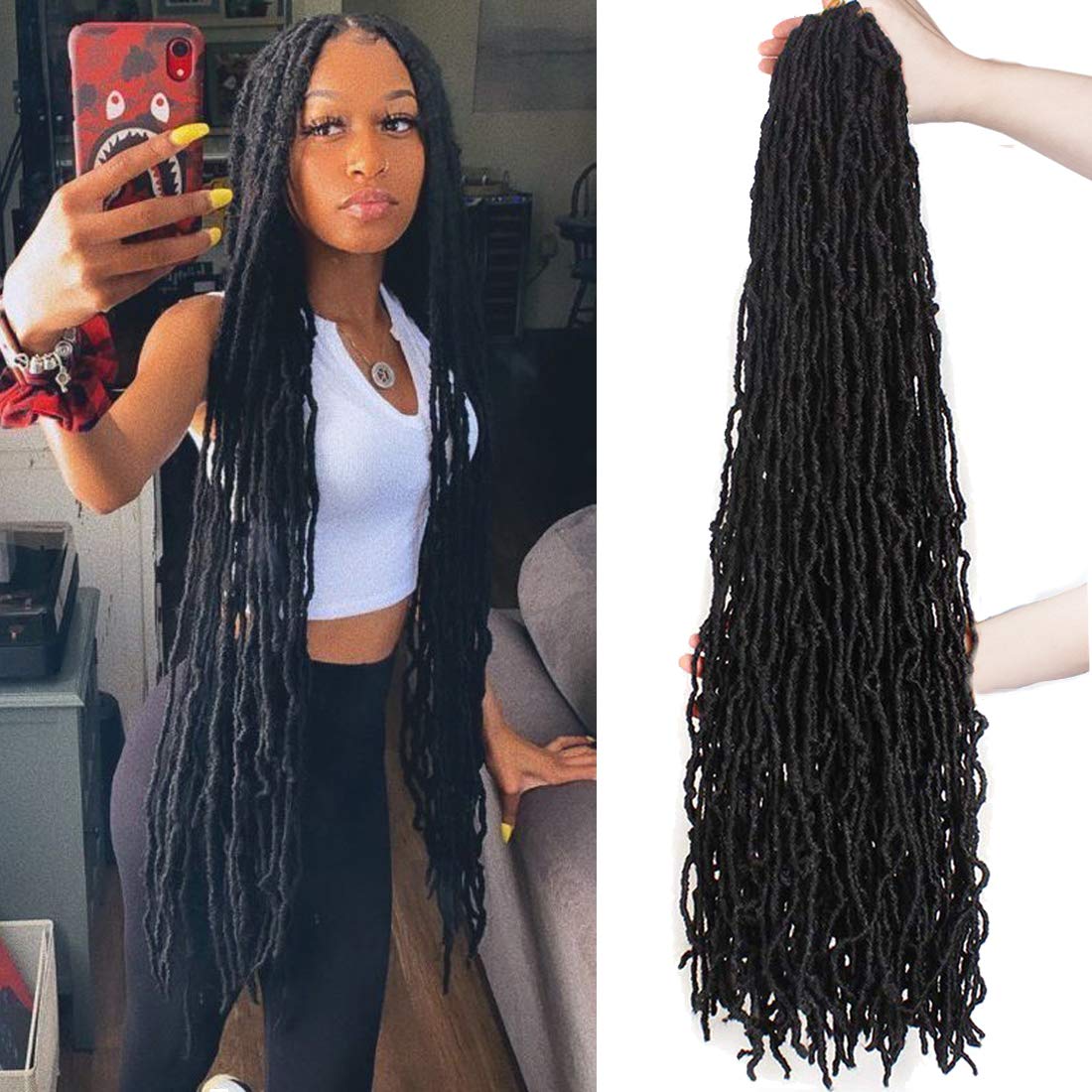 36Inch Soft Locs 6packs Super Long Goddess Locs Crochet Hair Natural Pre Looped Natural Faux Locs Crochet Braid Curly Wave Braiding Hair（36inch #1b 6packs)