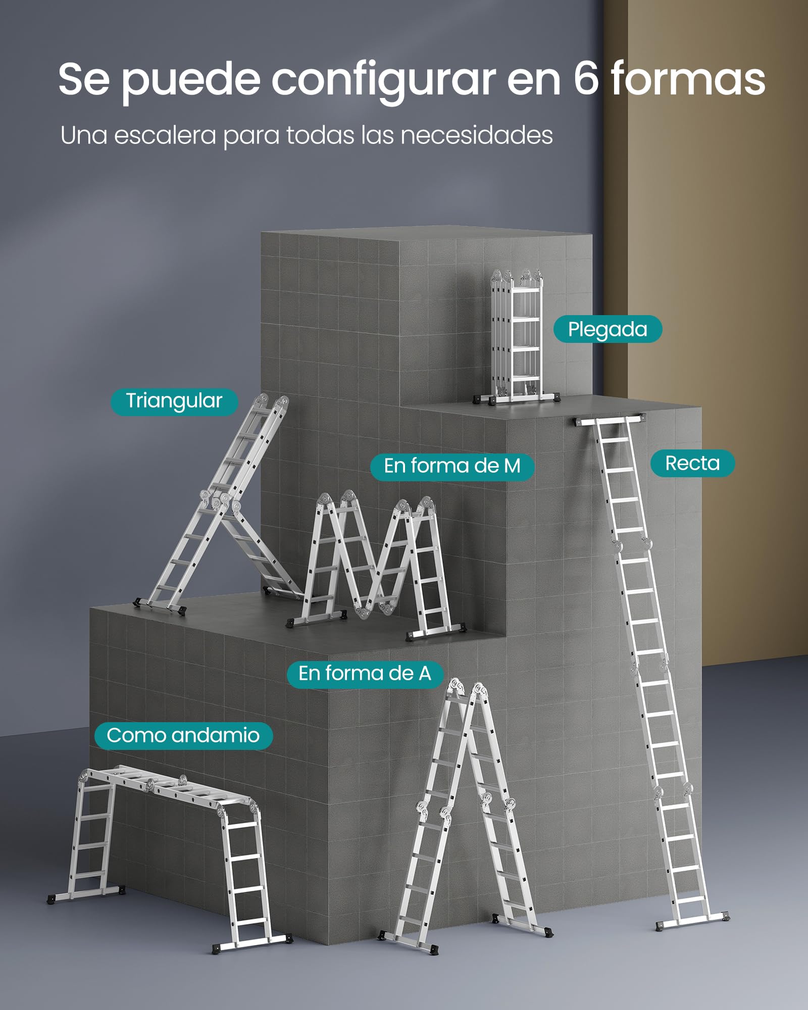 SONGMICS Escalera de Tijera, Escalera de Aluminio, Doméstica, 4 x 4 Peldaños, Carga de 150 kg, 16 Peldaños, Diseño 6 en 1, 430 cm de Largo, Plata GLT046E01
