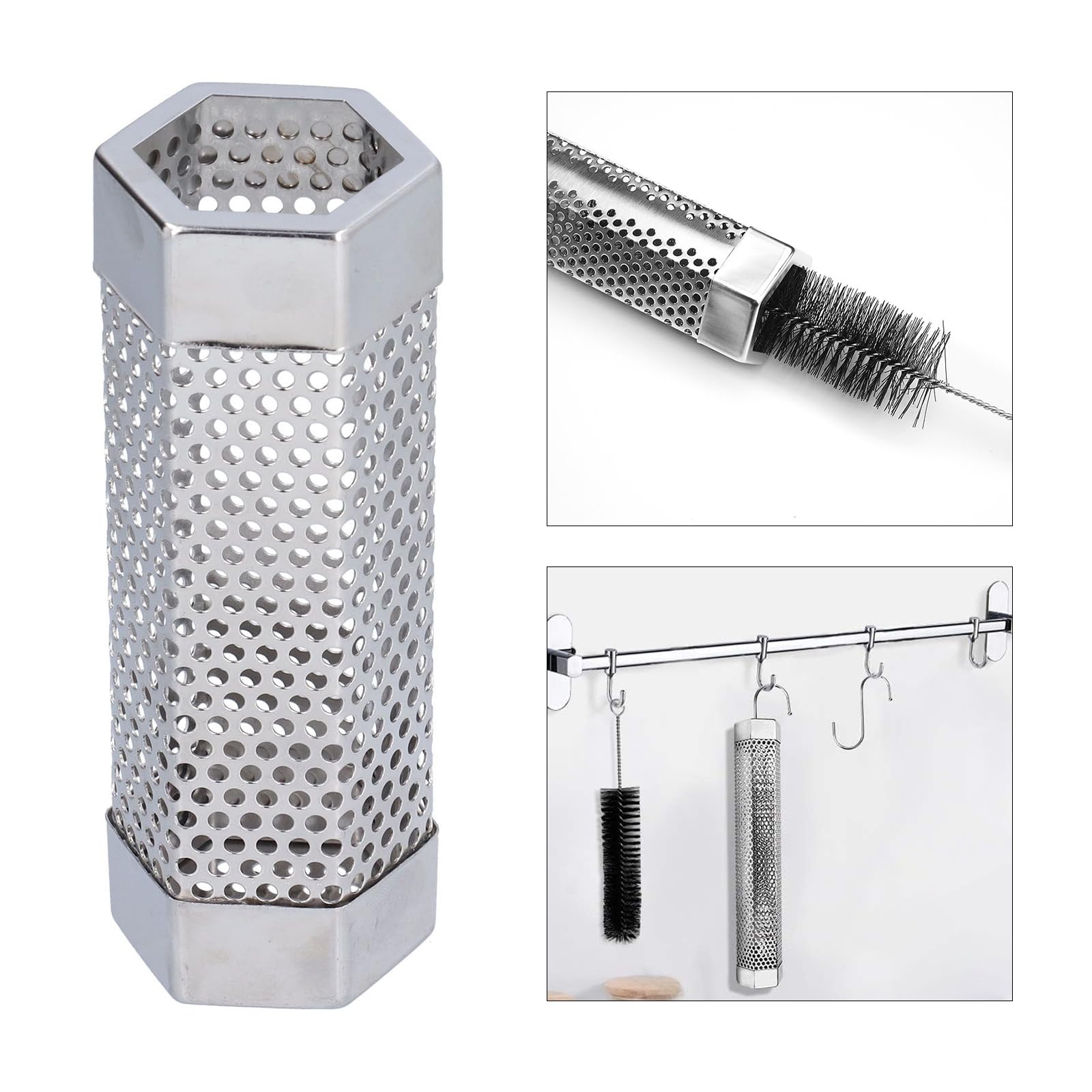 BBQ Smoker Tube, Tube de Fumage à Granulés pour Barbecue, Tube de Fumée Hexagonal en Acier Inoxydable, Tube Fumoir, avec 2 Crochets et 1 Brosse de Nettoyage, Fumage à Chaud/à Froid, pour Barbecue