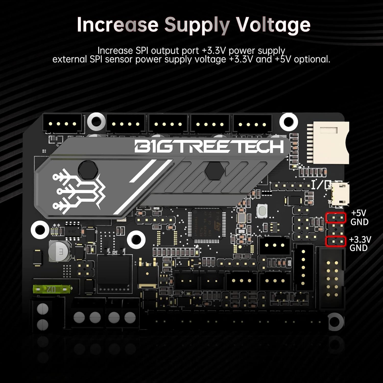 SKR Mini E3 V3.0 board showing the SPI output port with +3.3V and +5V power supply options.
