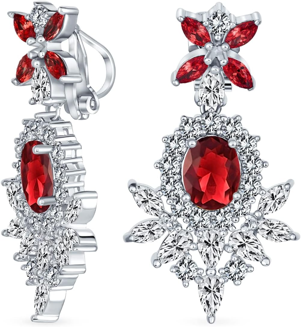 Bridal Art Deco Style Cluster Floral AAA CZ Red Or Black Statement Dangle Teardrop Chandelier Clip On Earrings For Women Simulated Ruby Onyx Silver Plated
