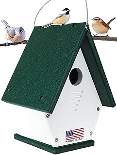 JCs Wildlife Recycled Poly Lumber Wren Chateau Birdhouse - Made in The USA - Perfect Garden and Backyard Birdhouse for Wrens, Chickadees, and Warblers! (White/Green)