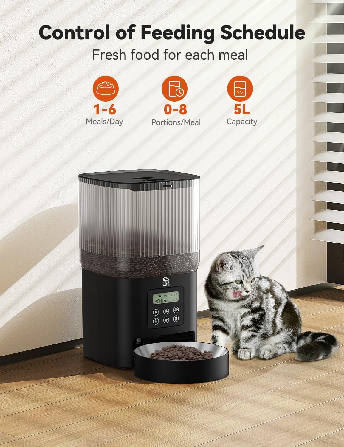 Automatic Cat Feeders, Timed Dog Feeder with Stainless Steel Bowl, 5L Programmable Control 1-6 Meals Per Day, Pet Dry Food Dispenser for Cats and Small Medium Dogs - image 2