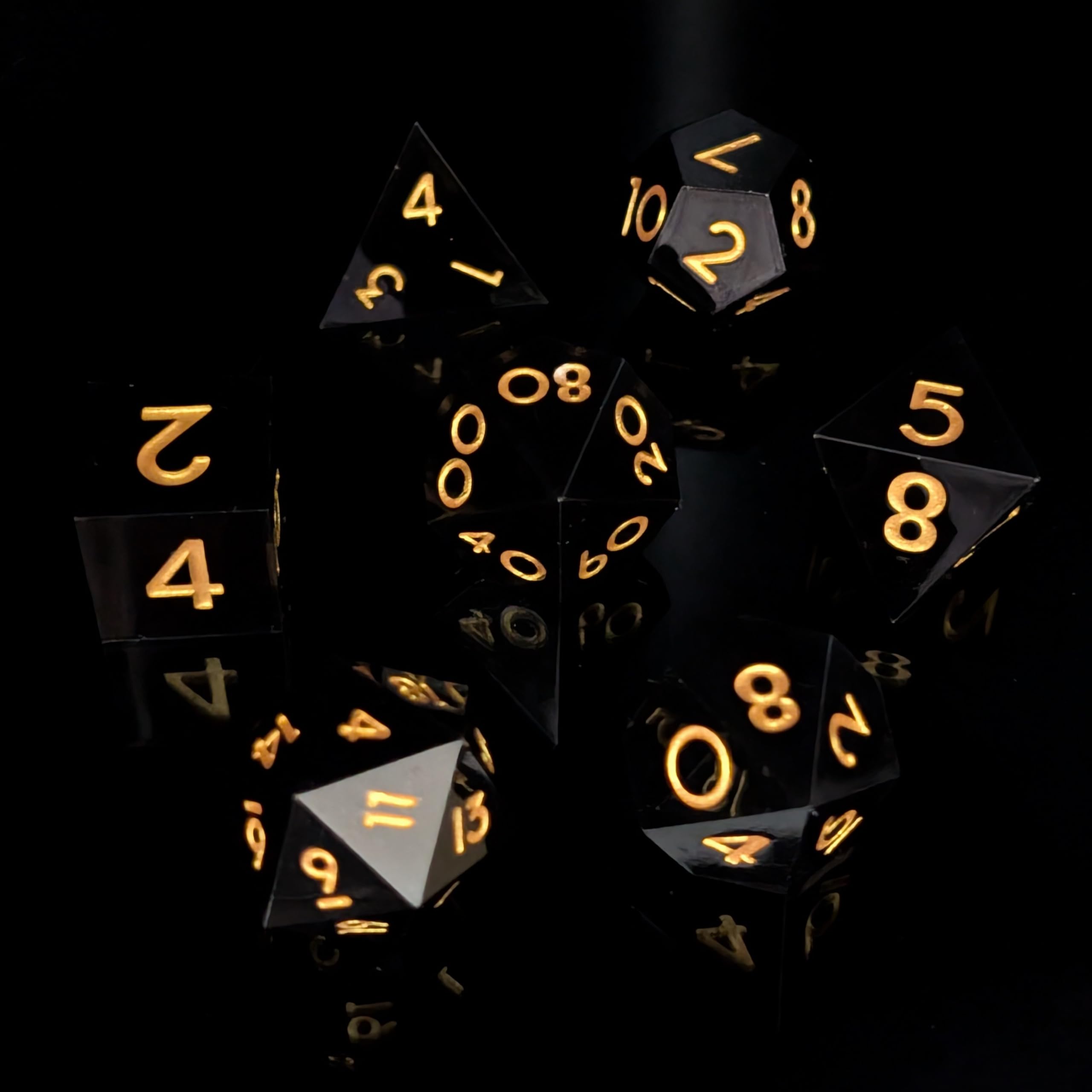 OBULUS, Set of 7 RPG Polyhedral Dice (D4-D6-D8-D10-D12-D20-D%), Black & Gold Roleplay Dice with Velvet Pouch, Accessories DND - Image 4