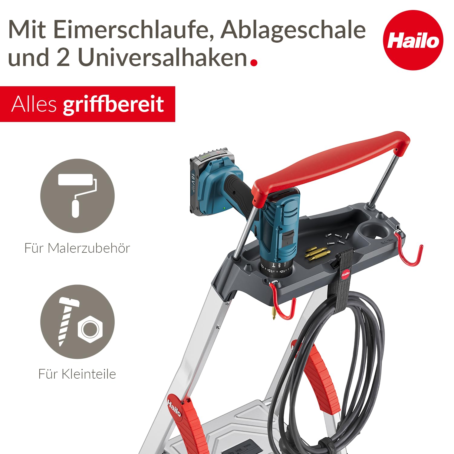 Hailo L84 ComfortLine Alu-Stehleiter mit 3 XXL-Stufen bis 150 kg, Silber | Sicherheits-Stehleiter, Made in Germany, rostfrei, tiefe Standfläche, Haltegriff und Ablage