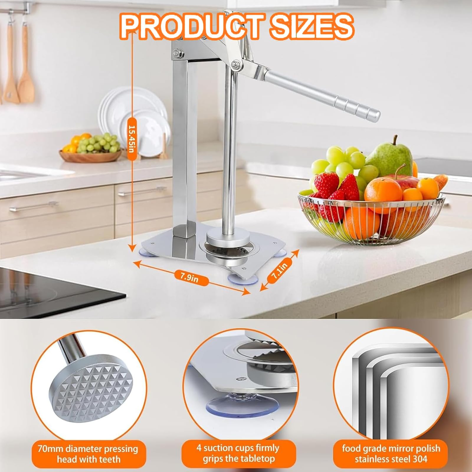 MObyat Spremiagrumi Manuale per Limoni, Robusto, in Acciaio Inox 304, con Ciotola Grande da 74 Mm, Meccanismo A Leva, Elevata Resa di Succo Ed Estrazione Efficiente, Ideale per Il Bar di Casa.
