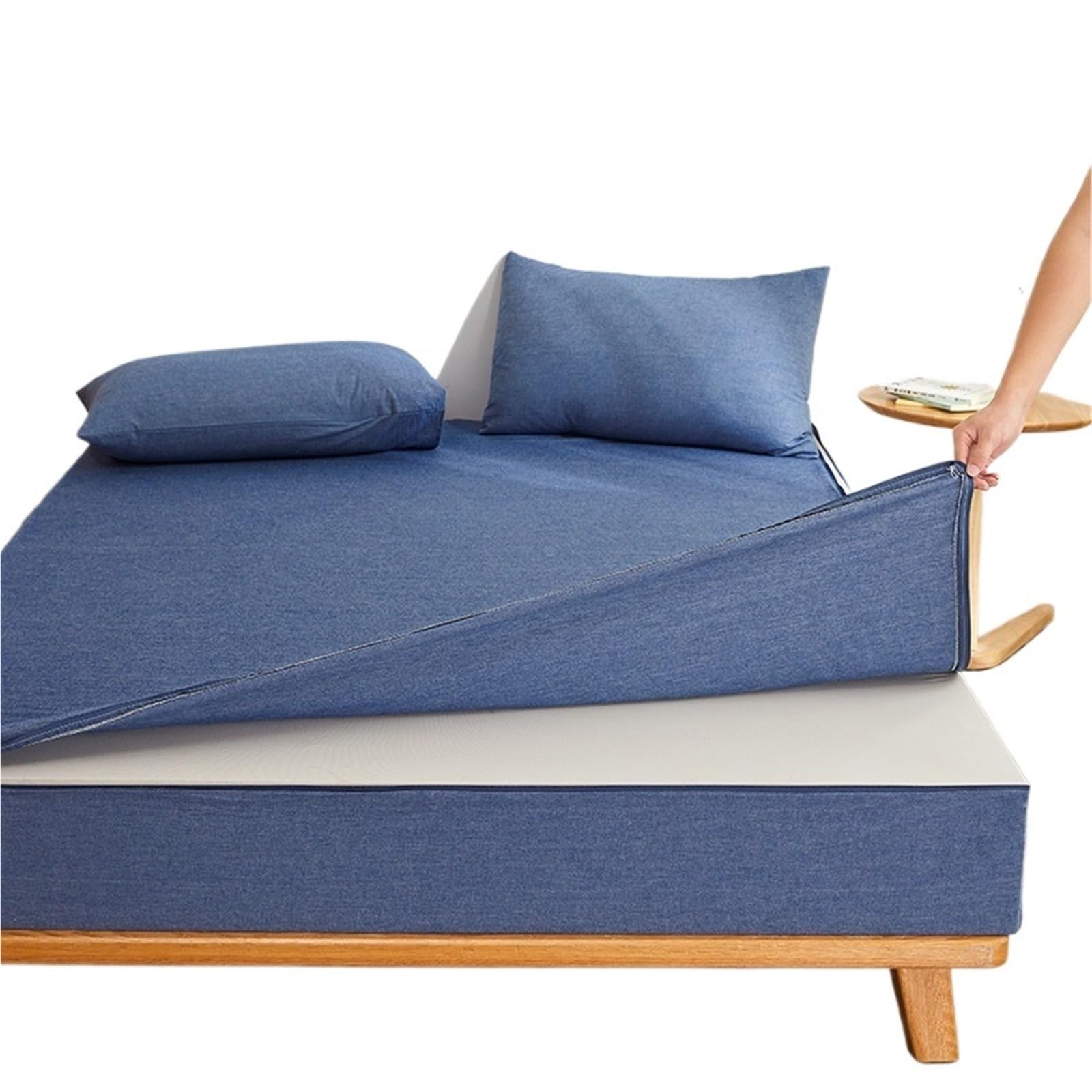 Zipped Mattress Protector Cotton Zippered Mattress Protector Breathable Cover & Encasement, 6-Sides Fully Enclosed Fitted Sheet(Blue,140x190x15cm 1PC)