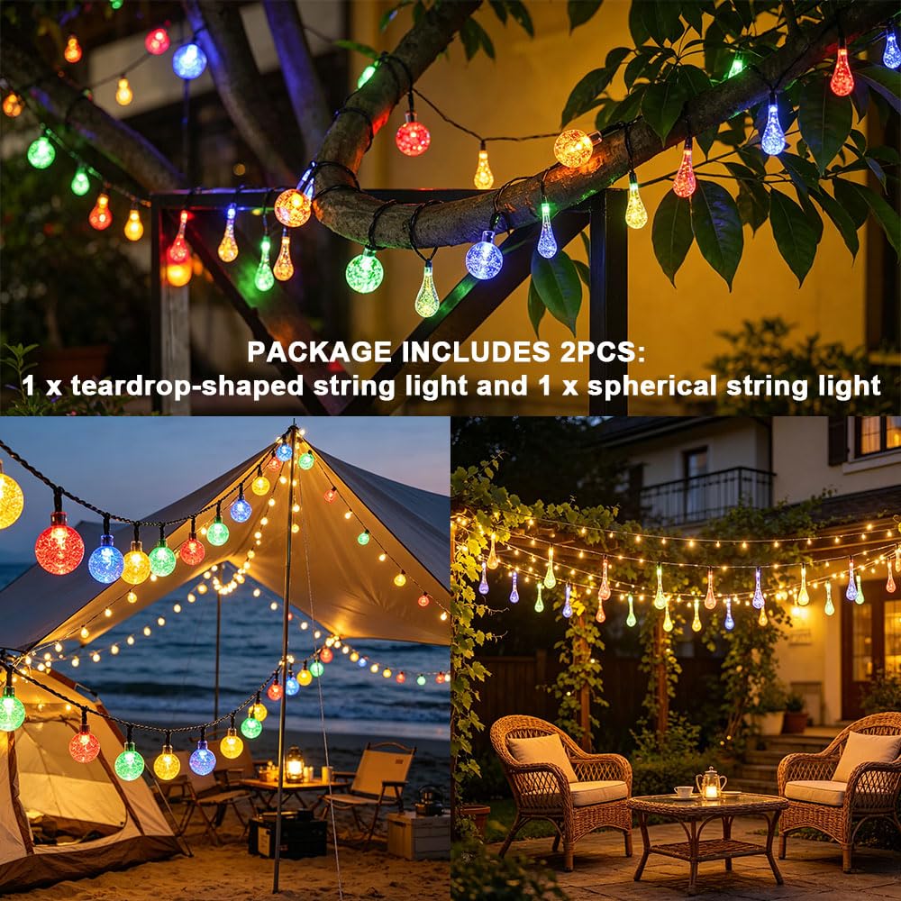 Lichterkette Aussen Solar 2 Stück, Tropfenförmig LED Solarlichterkette Außen Wetterfest 8 Modi Lichterketten IP65 Wasserdicht Solar Lichterkette Balkon Camping Balkon (Bunt,12 m)
