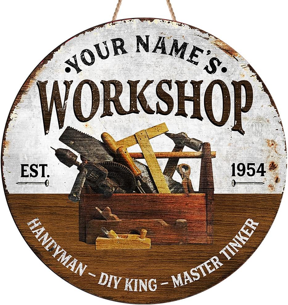 Artsy Woodsy Custom Workshop Garage Woodshop Wood Sign (Not Carved), Vintage Rustic Man Cave Decor Wall Art Plaque Accessories, Personalized Gifts for Men Him Master Tinker Handyman Mechanic (09) (01)