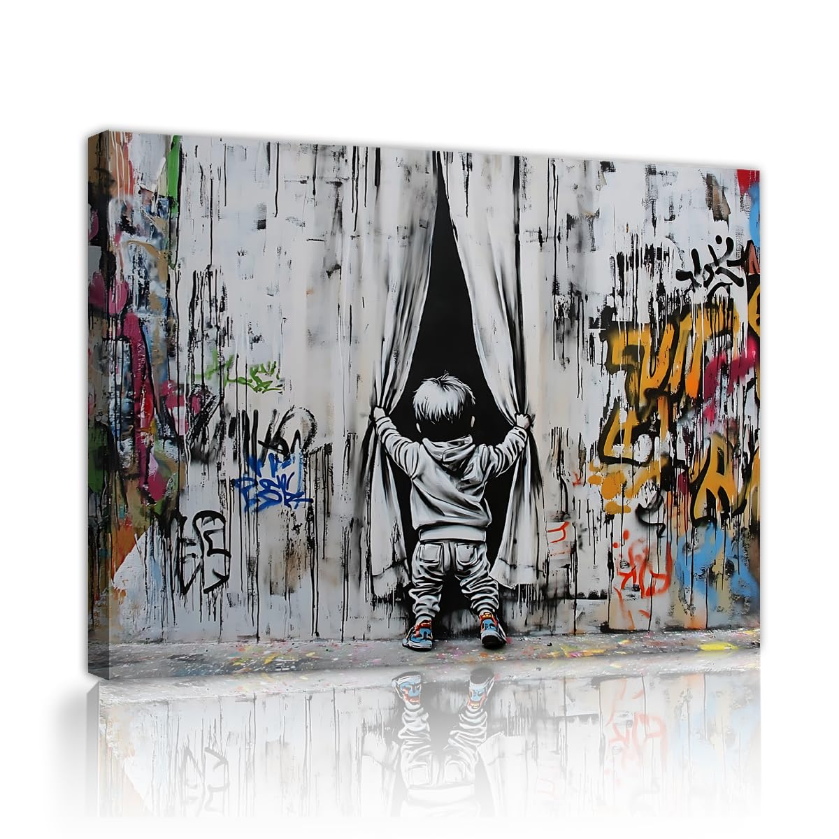 TOANGWALL Modern Abstract Graffiti Canvas Wall Art Living Room Street Art Boy Opening Curtain Pictures Prints Artwork for Bedroom Office Decor 70x85cm