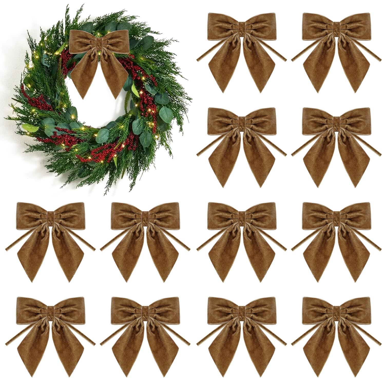 Donfulily Set of 12 Christmas Velvet Bows for Tree Decorations Gift Wrapping Crafts Holiday Garland Garland Fireplace Staircase Wedding Home Decor,4x4 Inch (Brown)