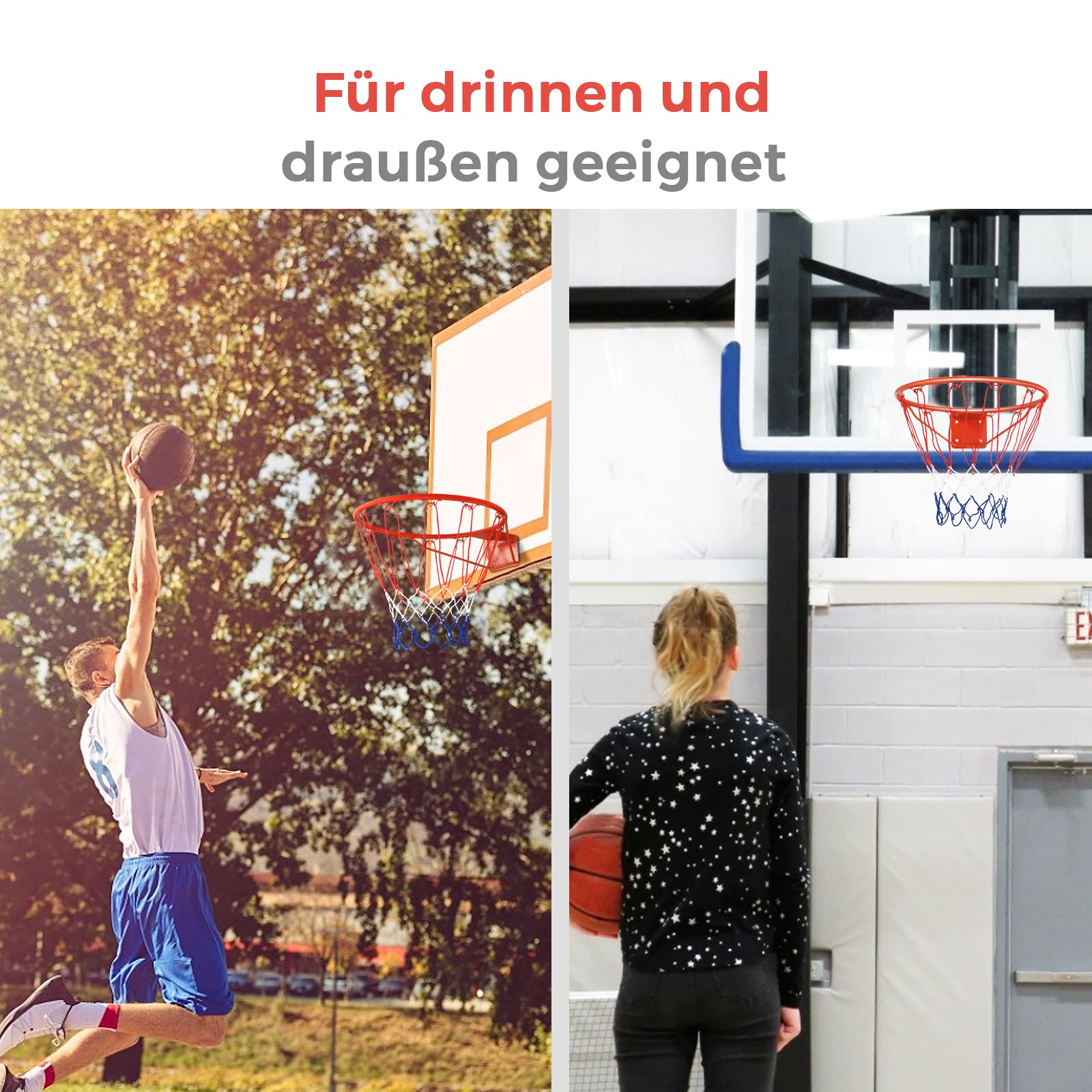 GYMAX Ø 45cm/37cm Basketballkorb, Basketballnetz mit Ring, Netz & Halterung, wetterfester Basketballring in Profigröße zur Wandmontage, für Schulhöfe & Sporthallen