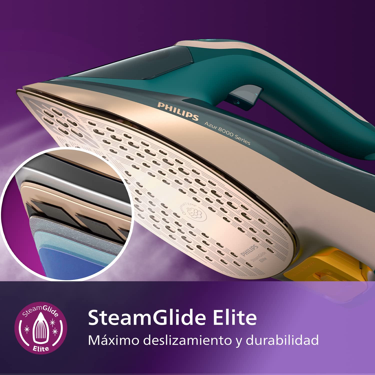 Philips Azur 8000 Plancha de Vapor, 3000W, depósito 305 ml, Verde Ópalo | Golpe de vapor 240g, 70g/min continuo, OptimalTEMP sin quemaduras, suela SteamGlide Elite, vapor vertical (DST8030/70)