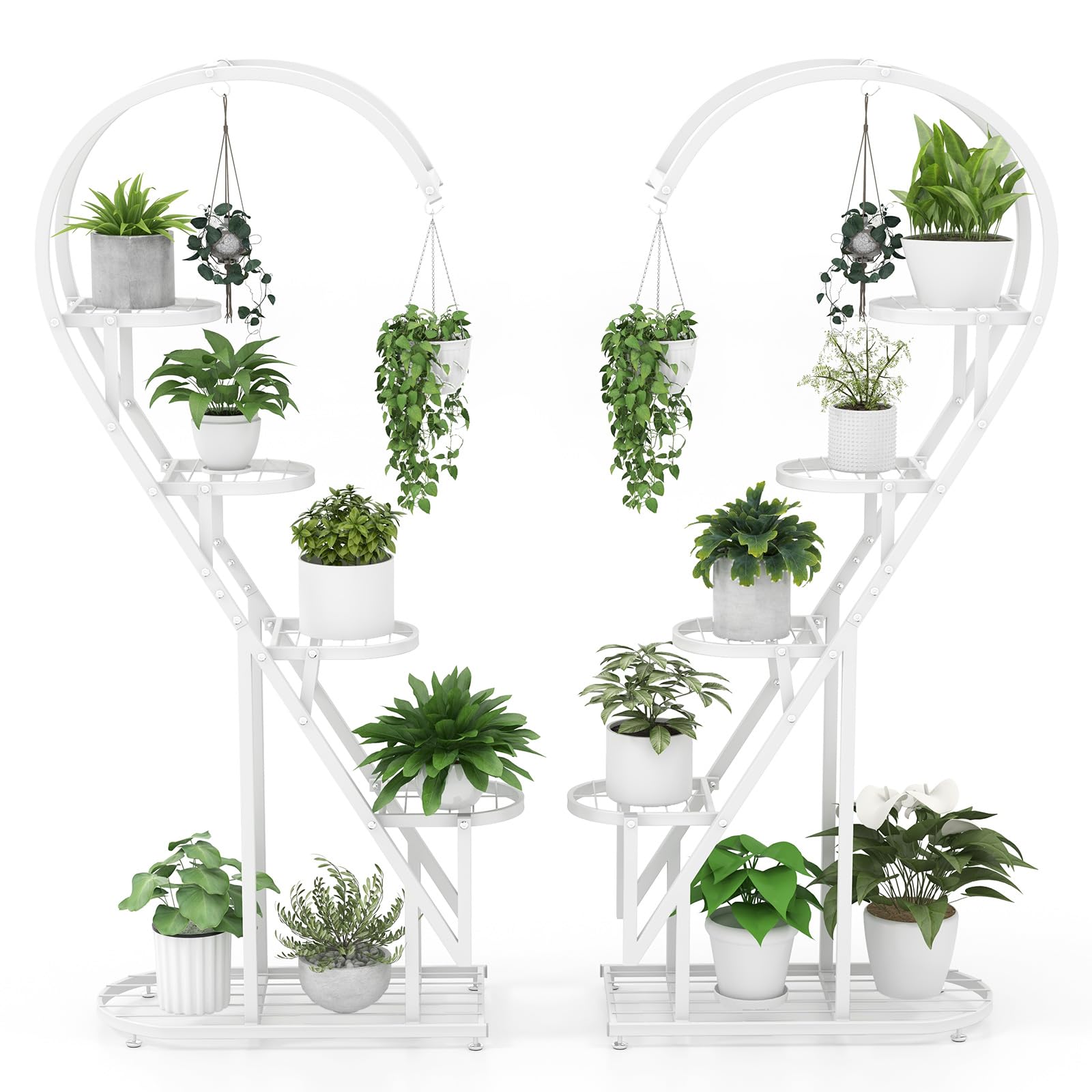 Giantex 5 Tier Metal Plant Stand Indoor, Creative Heart-shaped Ladder Plant Shelf with Hanging Hook for Multiple Plants, Tiered Flower Display Shelf,