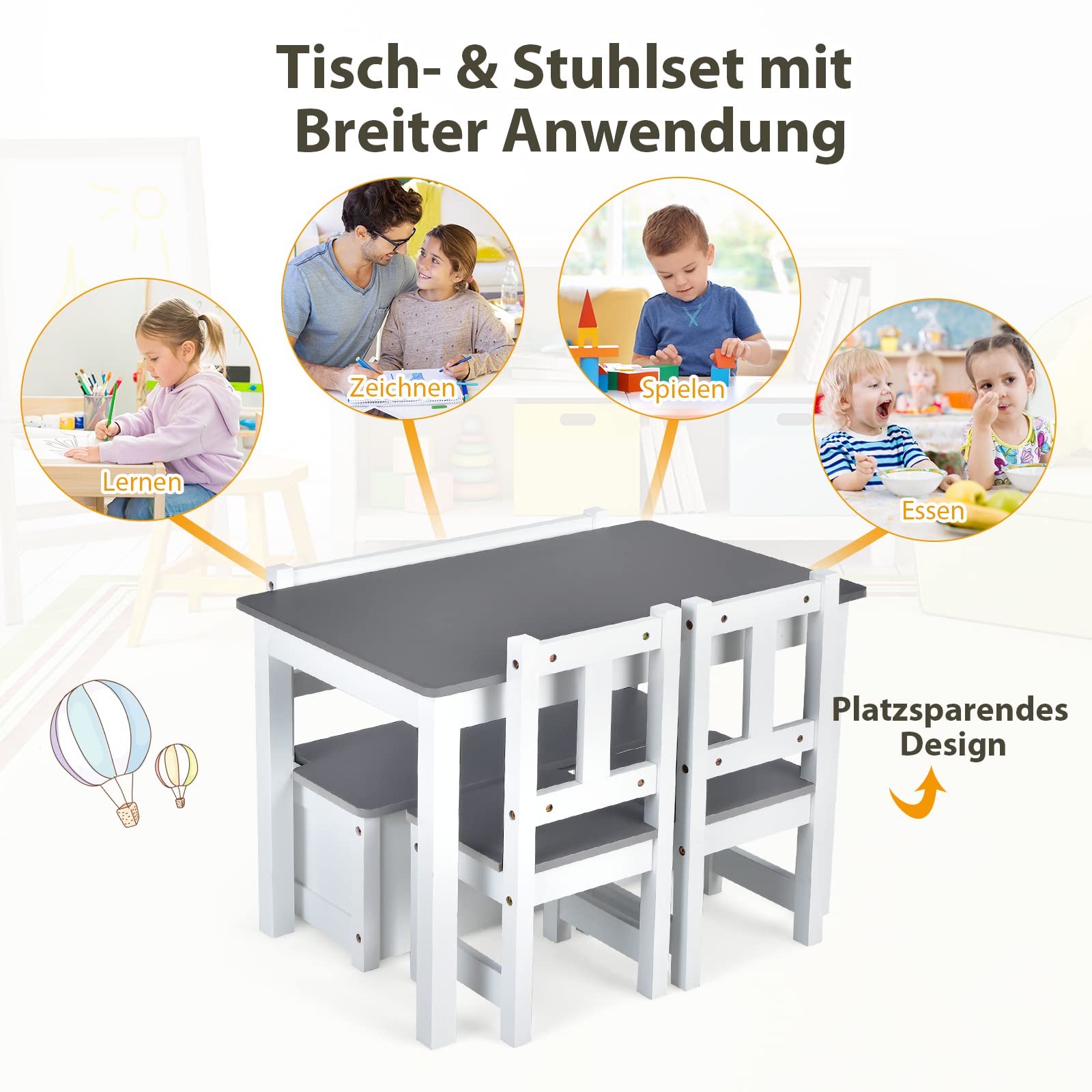 DREAMADE Kindertisch mit 2 Stühlen, Kindersitzgruppe mit 22L Strauraum, Kindertisch aus Holz, Kindertruhenbank Kindermöbelset Holzsitzgruppe für Kinderzimmer, Spielzimmer, Wohnzimmer (Grau)