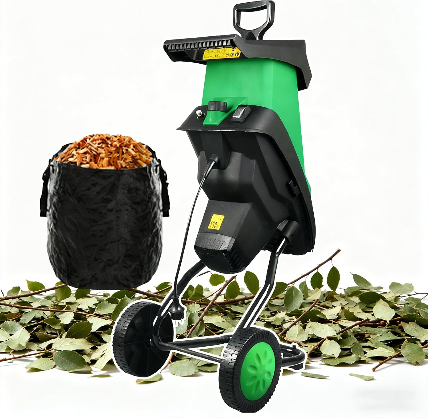 Garden Shredder,Electric Wood Chipper, 2400w High-Torque Motor Shreds Shrubs, Roots, and 1.57" Limbs, with Safety Lock, Push Rod, and Smooth-Rolling Wheels, for Garden Branches
