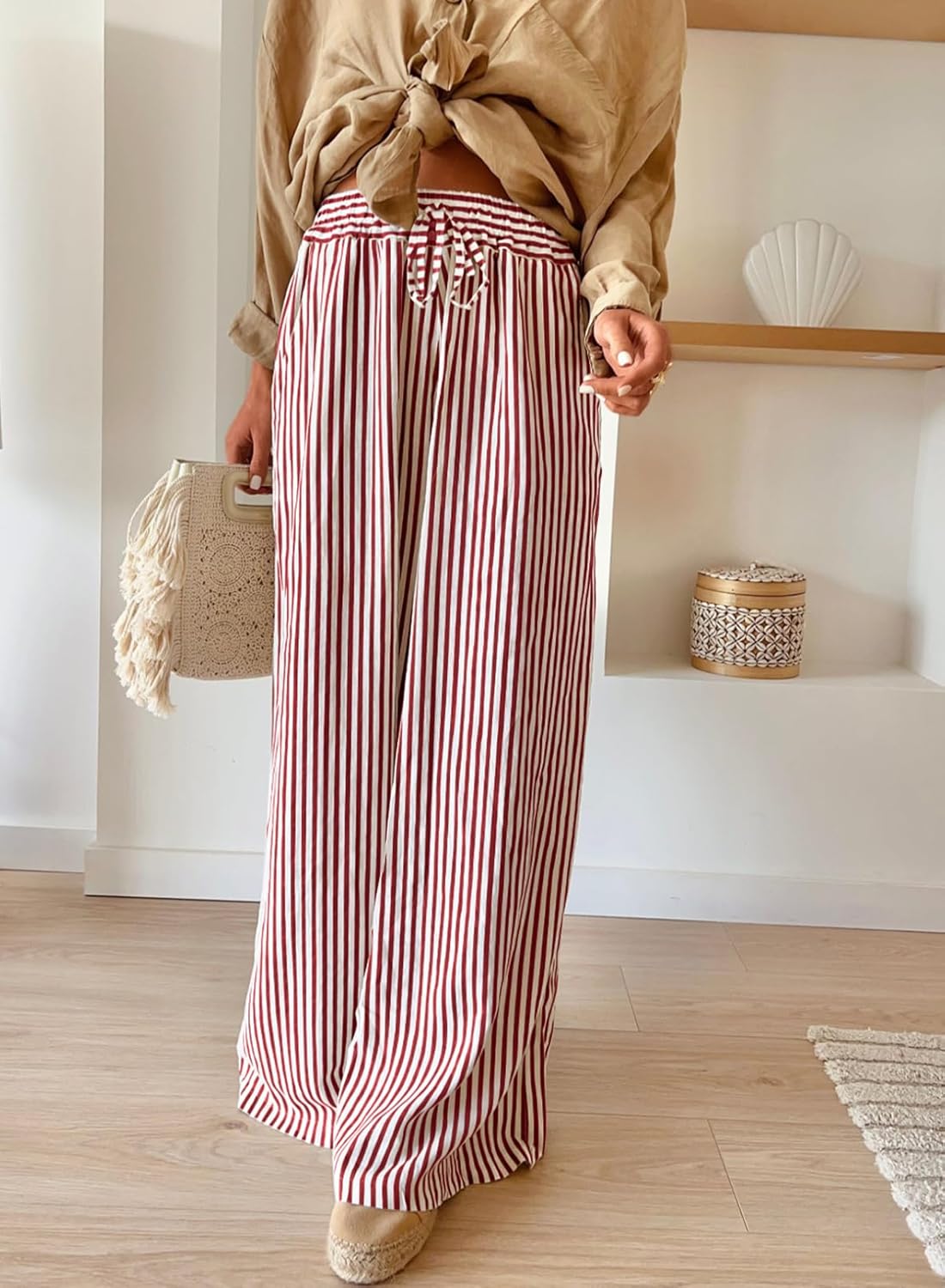 Acelitt Women Casual Drawstring Elastic Waist Striped Wide Leg Pants with Pockets, S-XXL - Image 3