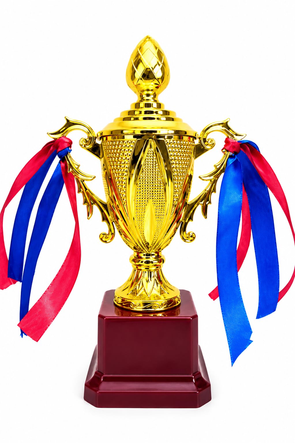 OG Premium Gold Cup Trophy with Decorative Ribbons, Red Base, Multipurpose Award for Winners, Metallic-Fiber (7.5 inches) | Decorative Ribbons, Ornate Handles, Wooden Base, Gold Finish, 1st Place Plaque-picture-12