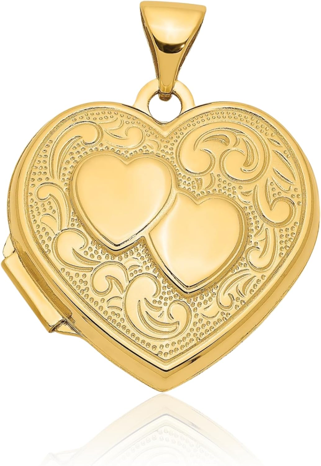 IceCarats 14K Solid Yellow Gold Medium Double Heart Scrollwork Photo Locket Pendant Necklace 24mm 0.9 inch Polished, Textured, Engravable For Her