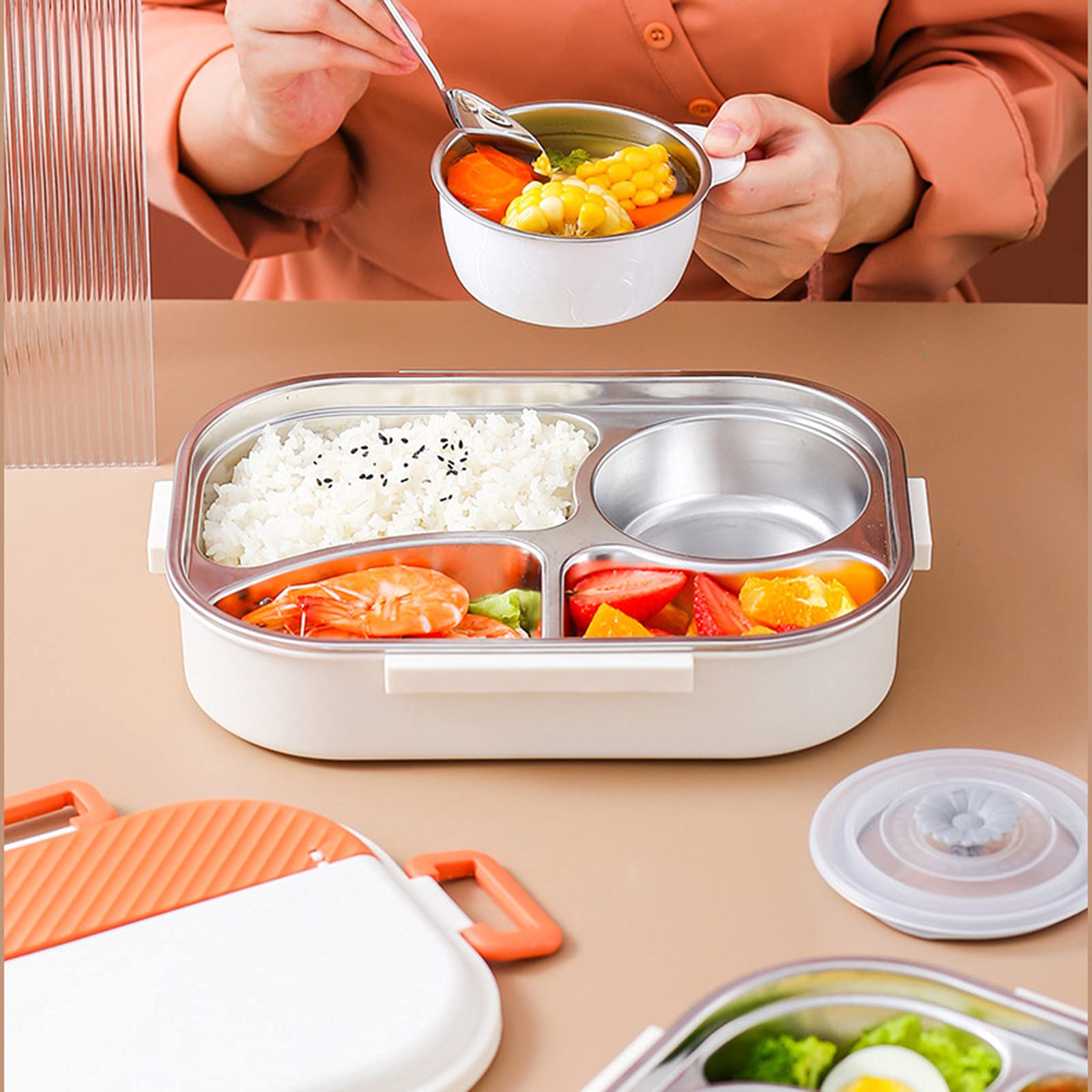 Boîte à lunch isolée en acier inoxydable, boîte à lunch à compartiments en acier inoxydable 304, chauffe-plats portable, détachable, convient aux étudiants/travail/camion/famille,Orange-B