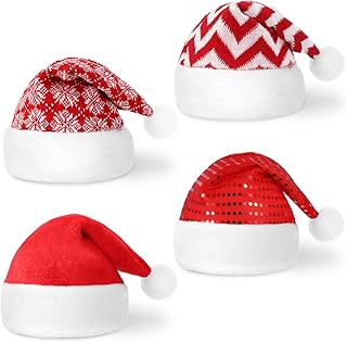 4 Pieces Christmas Hat Unisex Adults Santa Hats Glitter Sequin Christmas Hat White and Red Xmas Hats Snowflake Santa Hats Plush Fabric Hats for Adults Xmas Holiday Party Supplies (Classic Style)