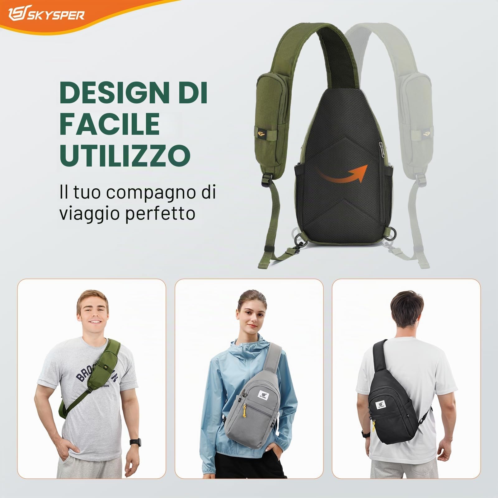 SKYSPER Zaino Monospalla Uomo Antifurto Borsa a Tracolla per Donna Uomo Piccolo Sling Bag Sportivo Crossbody Borsello Zaini da Viaggio Trekking