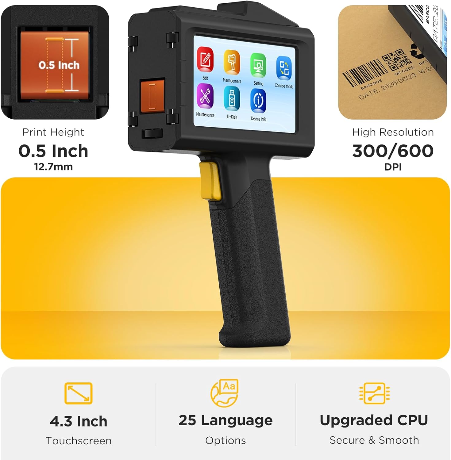 Handheld Inkjet Printer 0.5 Inches Print Height Weighs Only 390g for Batch Code Date Lot Number Print on Plastic Carton Wood Metal Glass Aluminum with 42ml Fast Dry Ink (Black)