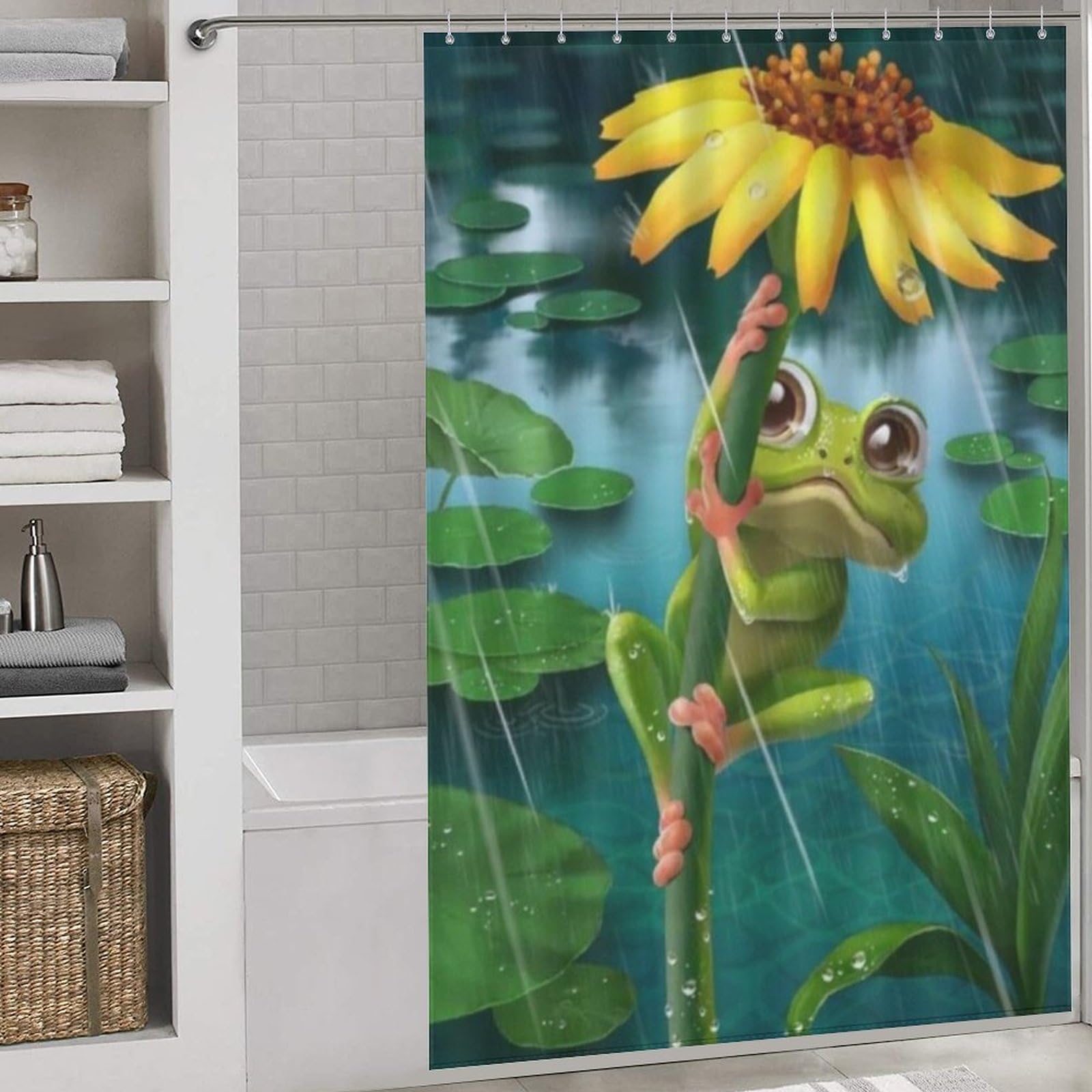Rideau de douche grenouille en tissu imperméable lavable 152x183cm pour baignoire de salle de bain
