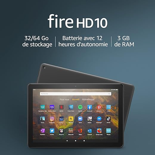 Tablette Fire HD 10 | 10,1" (25,6 cm), Full HD 1080p, 32 Go | Noir | Avec publicités