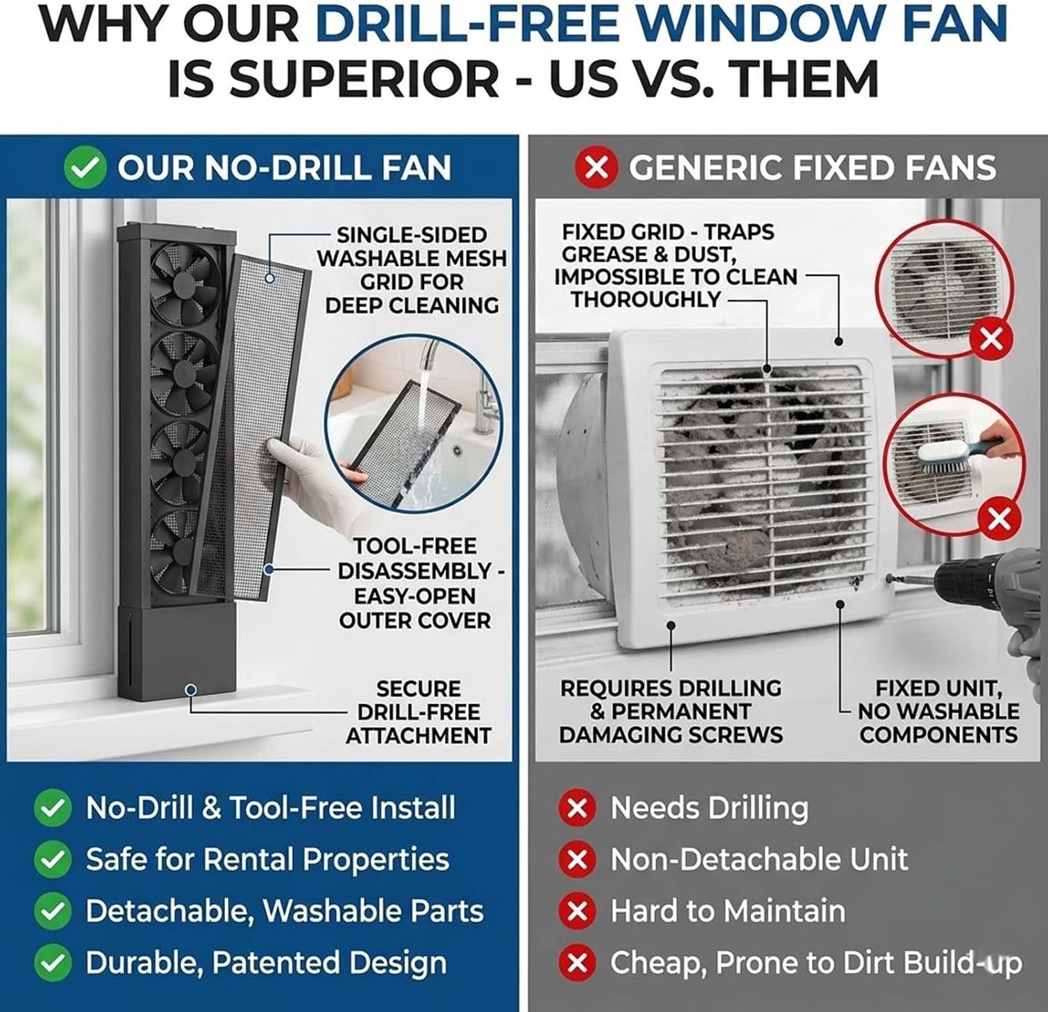 Vertical Window Fan for Sliding Windows, Black 10cm Retractable Window Exhaust Fan with Stepless Speed, No-Drill Outward Vent Fan for Bedroom, Bathroom & Home Ventilation(59.45-63.39 in)