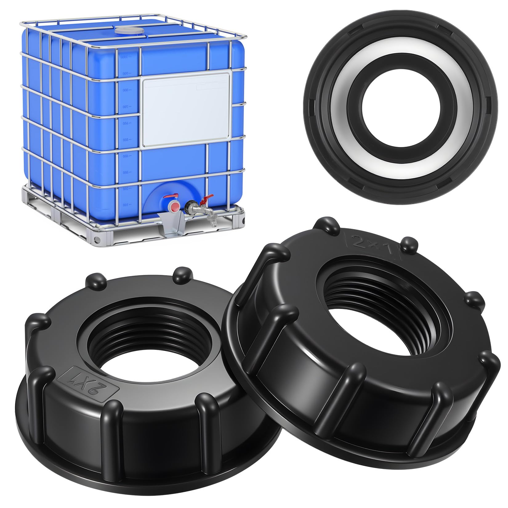 Adattatore IBC 1 Pollice Filettatura Interna, 2 Pezzi Adattatore per Serbatoio IBC S60x6 Chiusura per Valvola con Filettatura BSP da 1 per Container 1000L (Nero