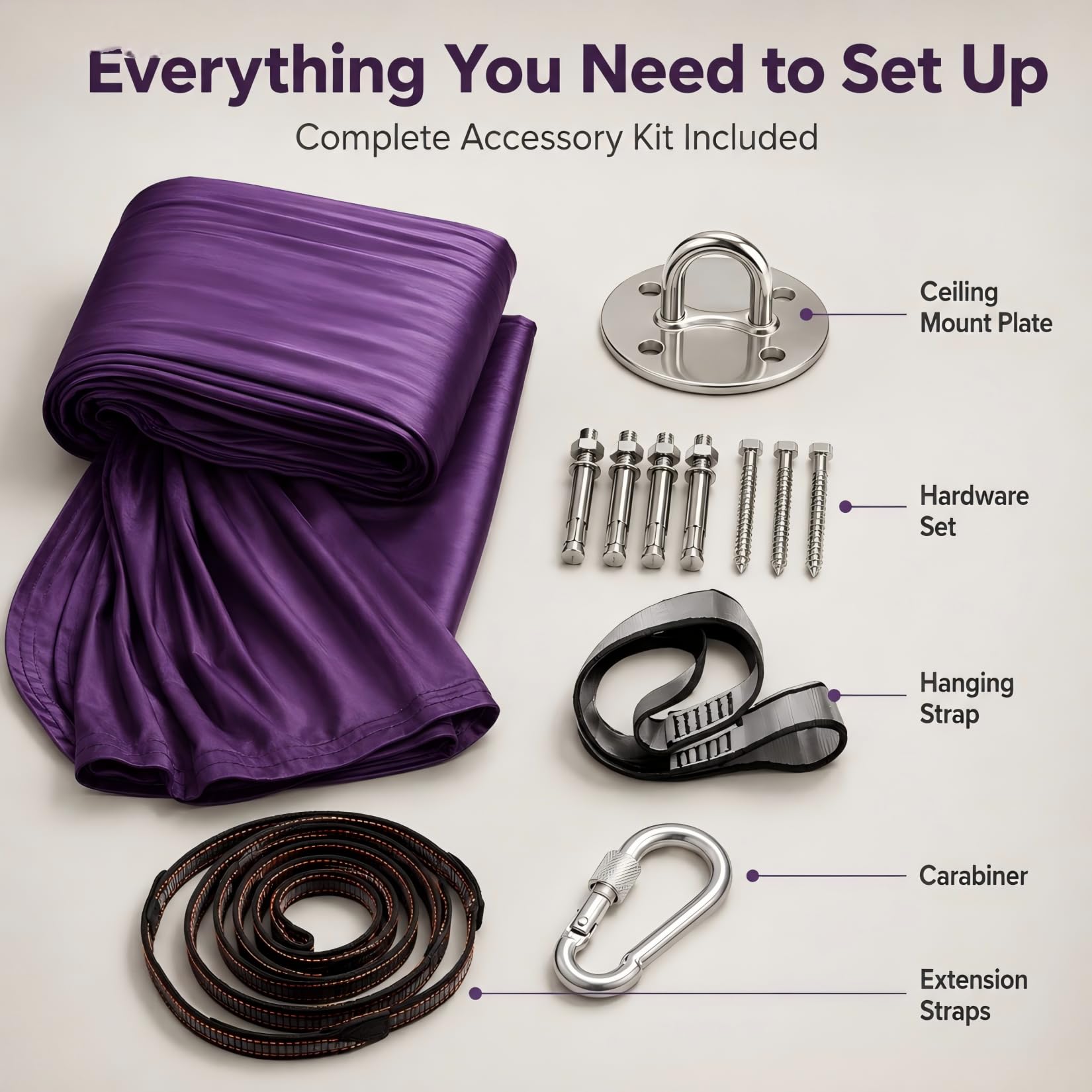 Hamaca de Yoga aérea de 280x150 cm, Columpio Colgante para Yoga con Accesorios, soporta hasta 200 kg, Ideal para Entrenamiento y estiramientos (Morado)