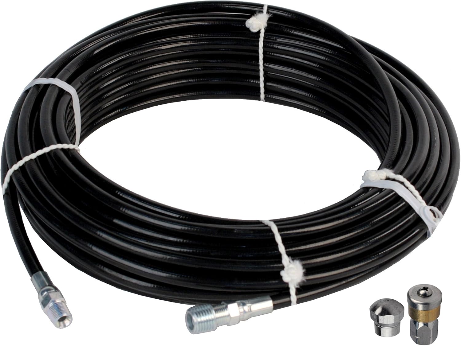 Schieffer 1/8in. x 100ft. 4800 PSI Thermoplastic Sewer Jetter Hose & 5.5 Orifice Button Nose and Rotating Nozzles