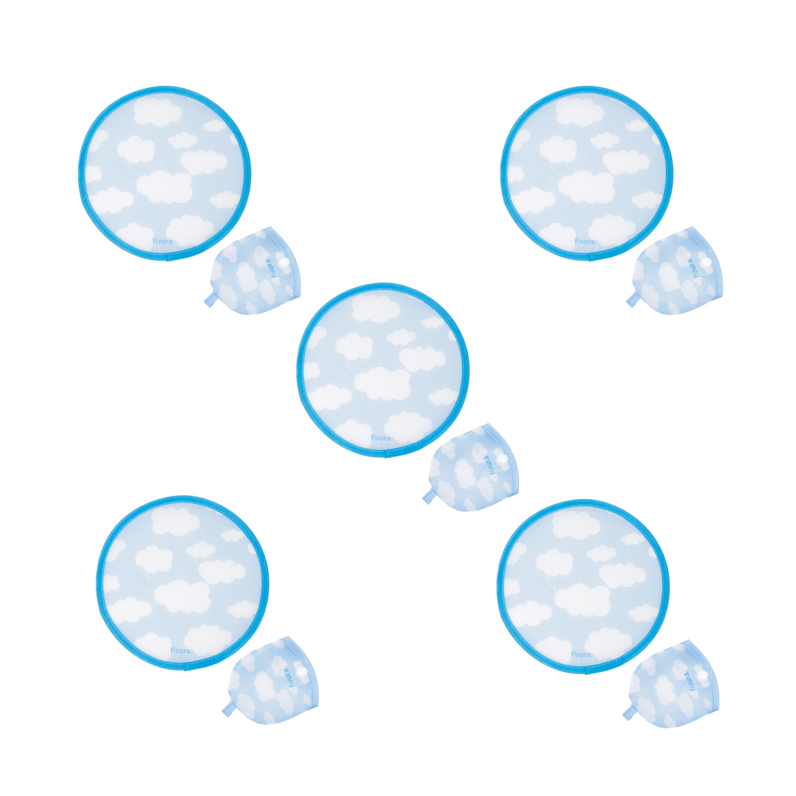 Fisura Round Folding Fan "Clouds" Original Folding Hand Fan Blue and White Frisbee Pack of 5 Portable Party Fan 20cm, Clouds, 5 Units, One size