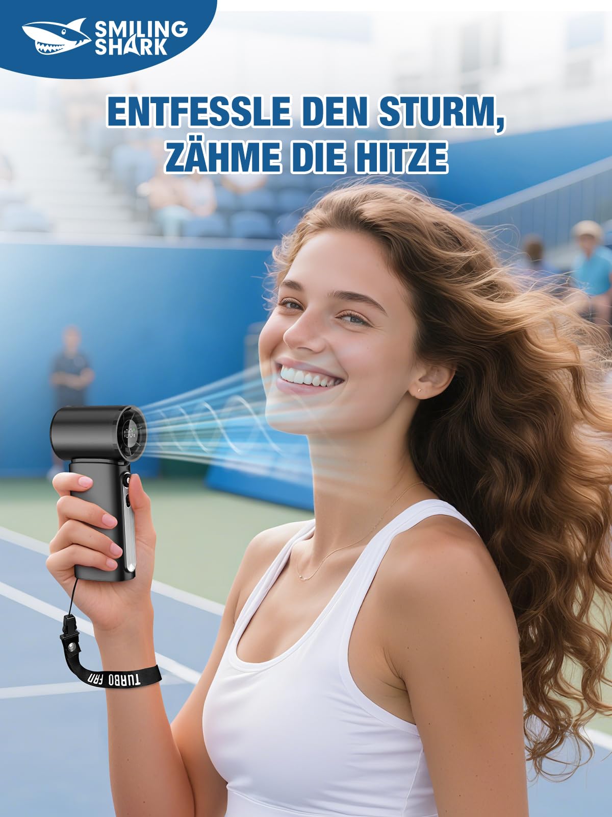 Smiling Shark TF-02 Tragbarer Turbo Handventilator, 1-100 Stufen Einstellbare Tragbarer Mini Handventilator [12Hrs Max] mit LED Anzeige/Lanyard/Basis, 2-in-1 Hand/Tischventilator für Outdoor Indoor