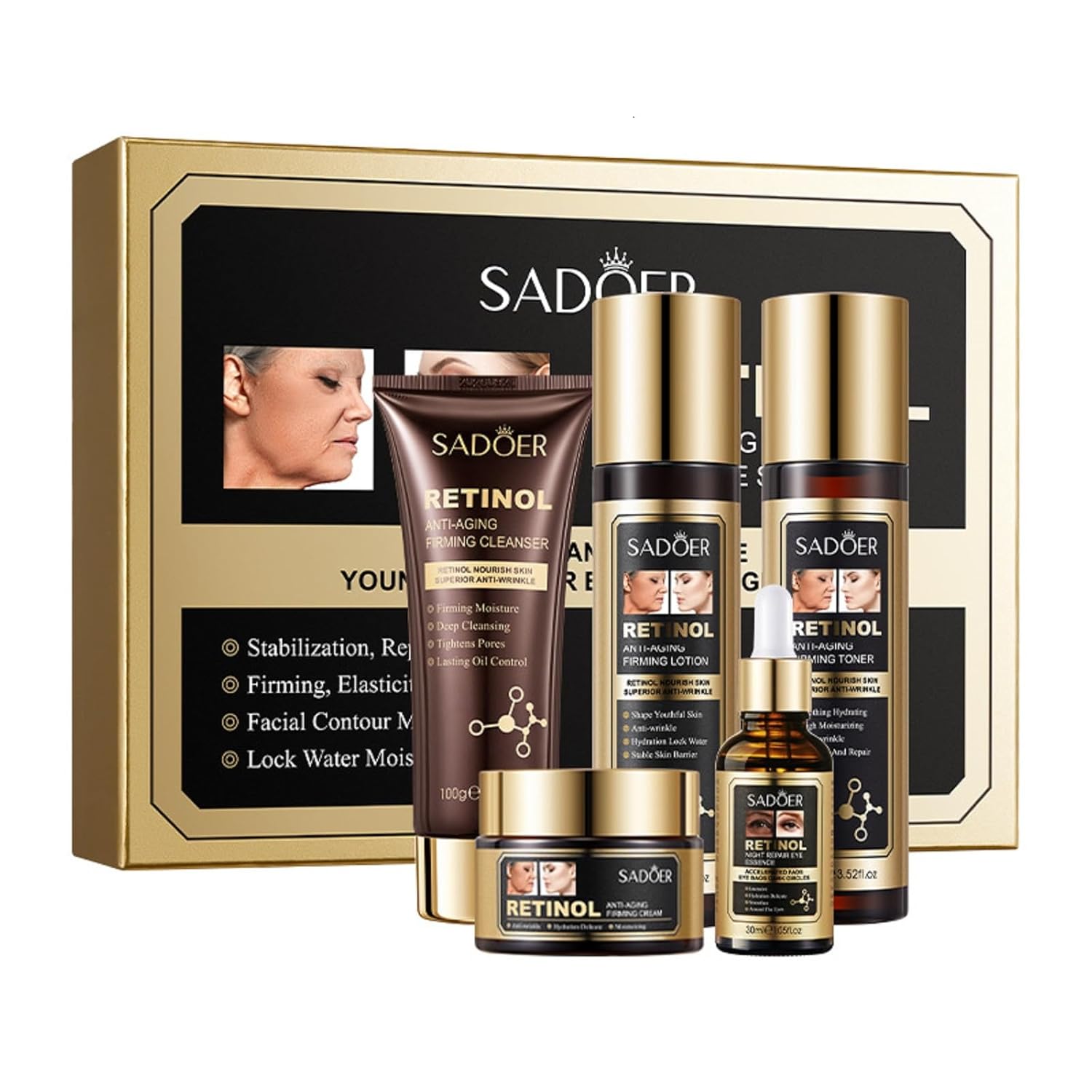 For SADOER Retinol Skin Care Gift Set,5 Piece Set with Cleanser Toner Lotion Cream and Serum,Skin Care Kit,Facial Skin Care Sets Kits,Cleansing Moisturizing Skin Care Collection