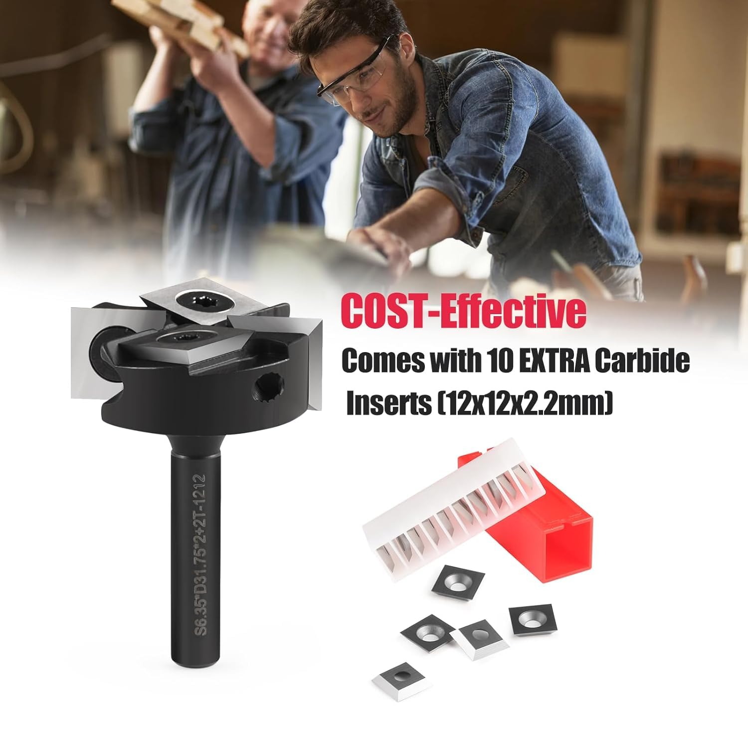 Punta per fresatrice CNC per superfici con codolo da 1/2", diametro di taglio 3,8 cm, 2+2 scanalature, inserti in carburo per pialla in legno di carburo, con 10 inserti indicizzabili (12 x 12