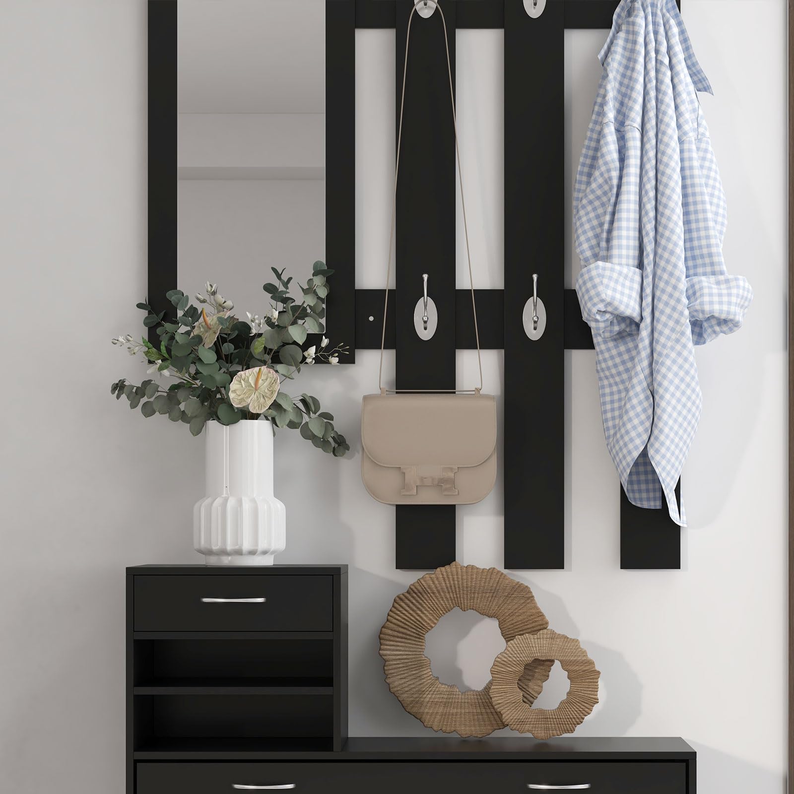 HOMCOM Ensembles 3 en 1 de Meuble d'Entrée Vestiaire Noir | Panneau Porte-Manteau, Miroir, Banc à Chaussures, 6 Crochets, Étagère Réglable