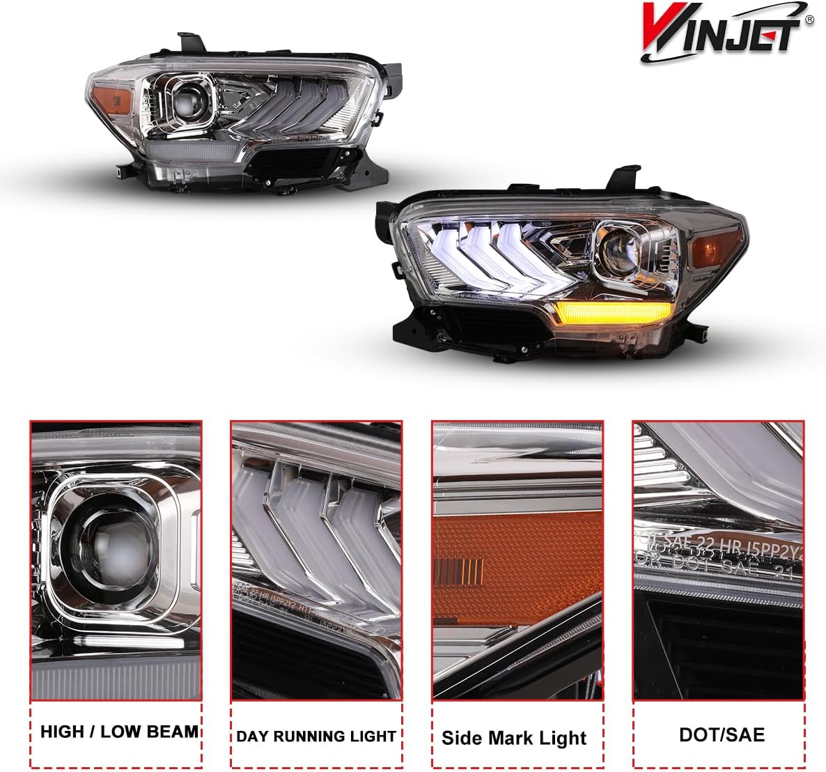 Close-up of Winjet LED Headlight features: High/Low Beam, Day Running Light, Side Mark Light, and DOT/SAE compliance
