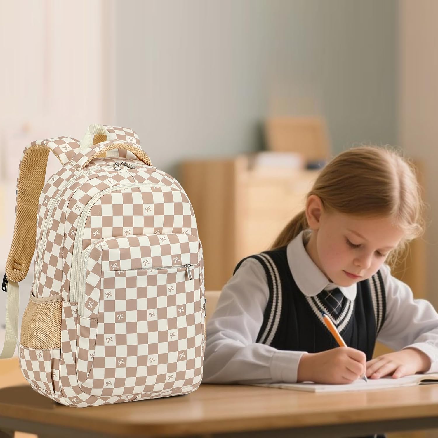 LEDAOU School Backpack Teen Girls Boys Kids Bookbag Elementary Middle School Bag for 6-14 (Brown Bow Checkered)