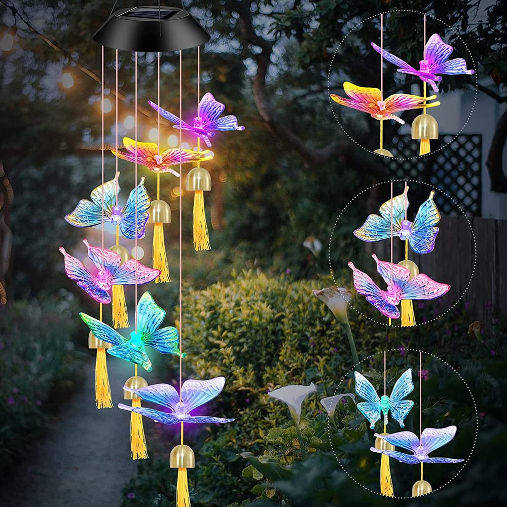 Wind Chimes Outdoor, Solar Butterfly Wind Chimes Color Changing Hanging Solar Garden Lights, Waterproof LED Auto Sensor Lights, With Bell Shape Chandelier, Christmas Gift For Mom To Decorate Garden