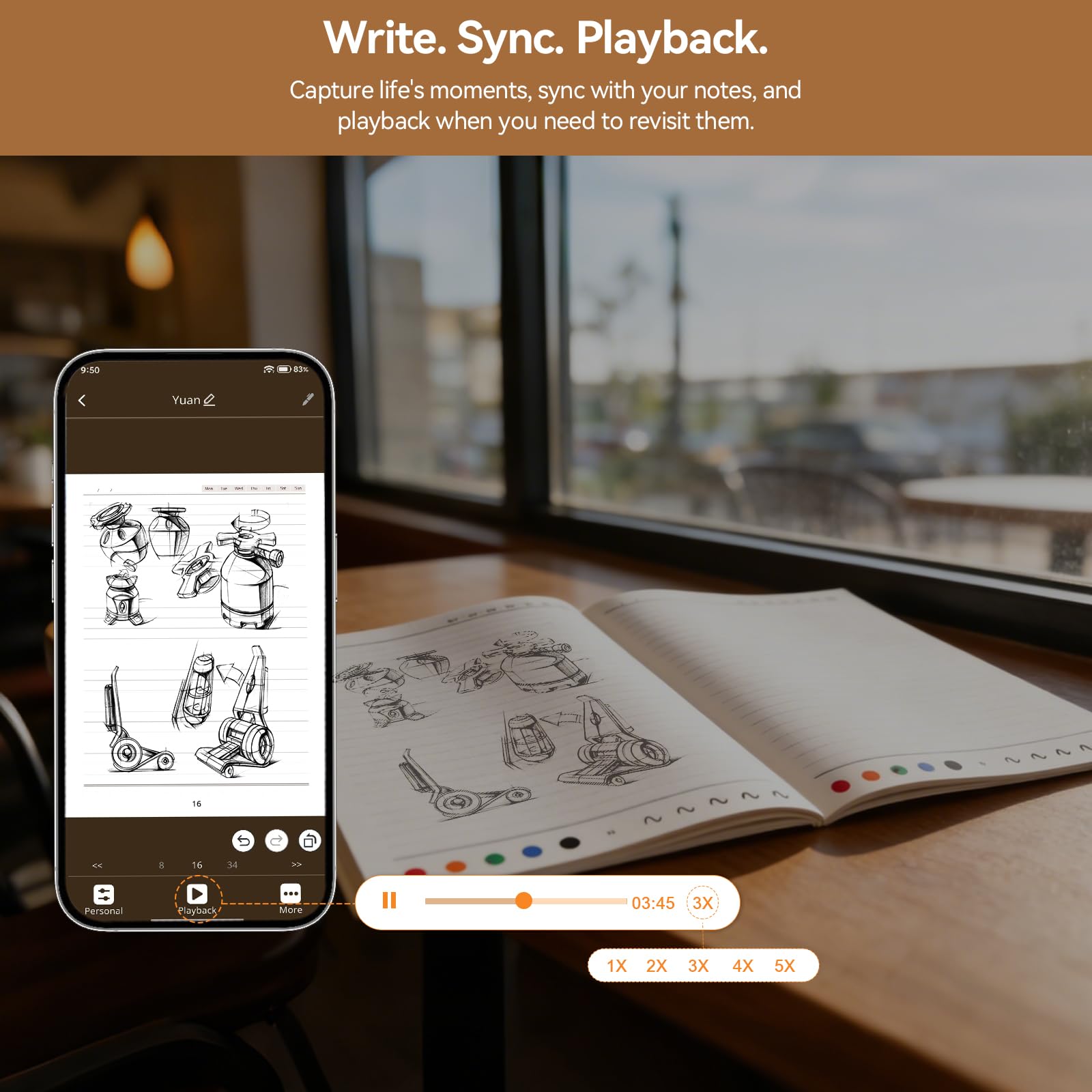 Yuan Lot de 3 stylos de synchronisation intelligents pour prise de notes, carnet numérique (format A4) avec stylo, synchronisation de l'écriture, stockage hors ligne, partage de notes, cadeau pour