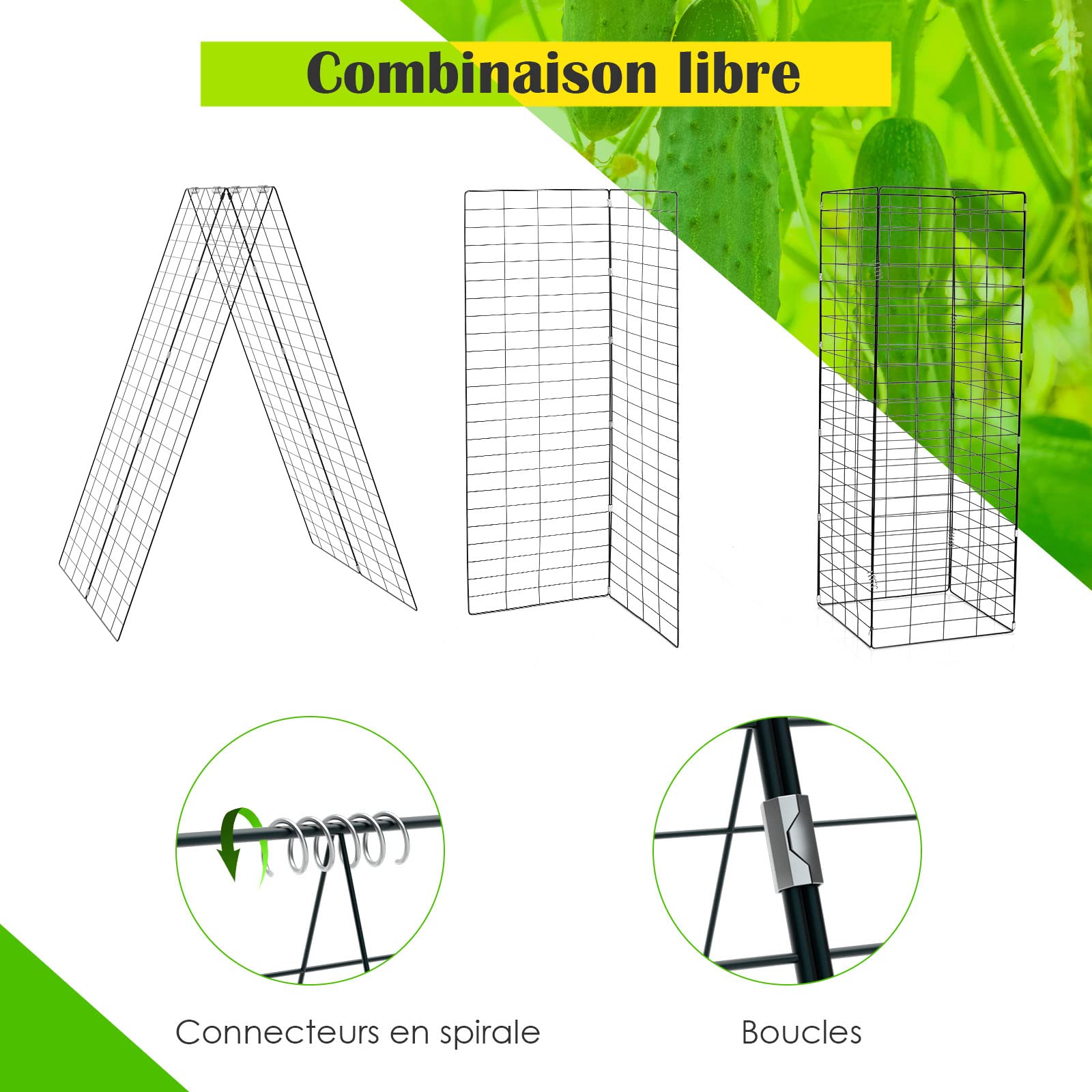 GOPLUS 2 Pcs Treillis de concombres,Filet de Jardin pour Plantes Grimpantes, Légumes et Fleurs, Support de Plante Stable en Forme d’A avec Accessoires, Filet de Treillis 122cm (L) x 86 cm