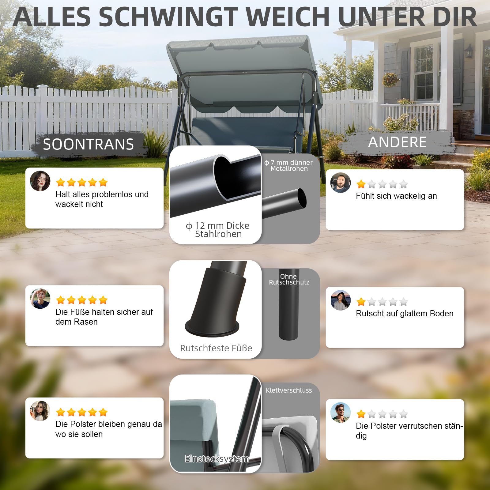 Soontrans Hollywoodschaukel 3-Sitzer für Entspannte Nachmittag im Garten, Gartenschaukel mit Polsterauflage & Verstellbarem Sonnendach, aus Stahlgestell & Textilene-Gewebe (193 x 110 x 152 cm, Grau)